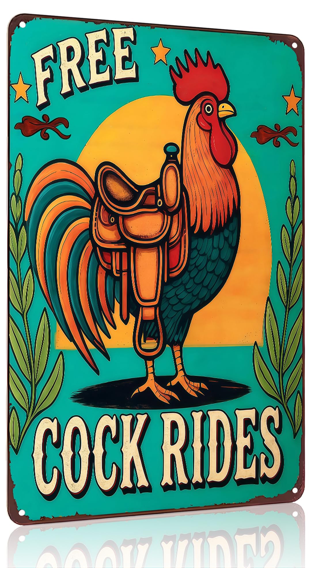 Funnysign Vintage Free Cock Rides Chicken Tin Sign for Chicken Coop Farm Kitchen Garden Yard Decor 8x12 inch (3939)