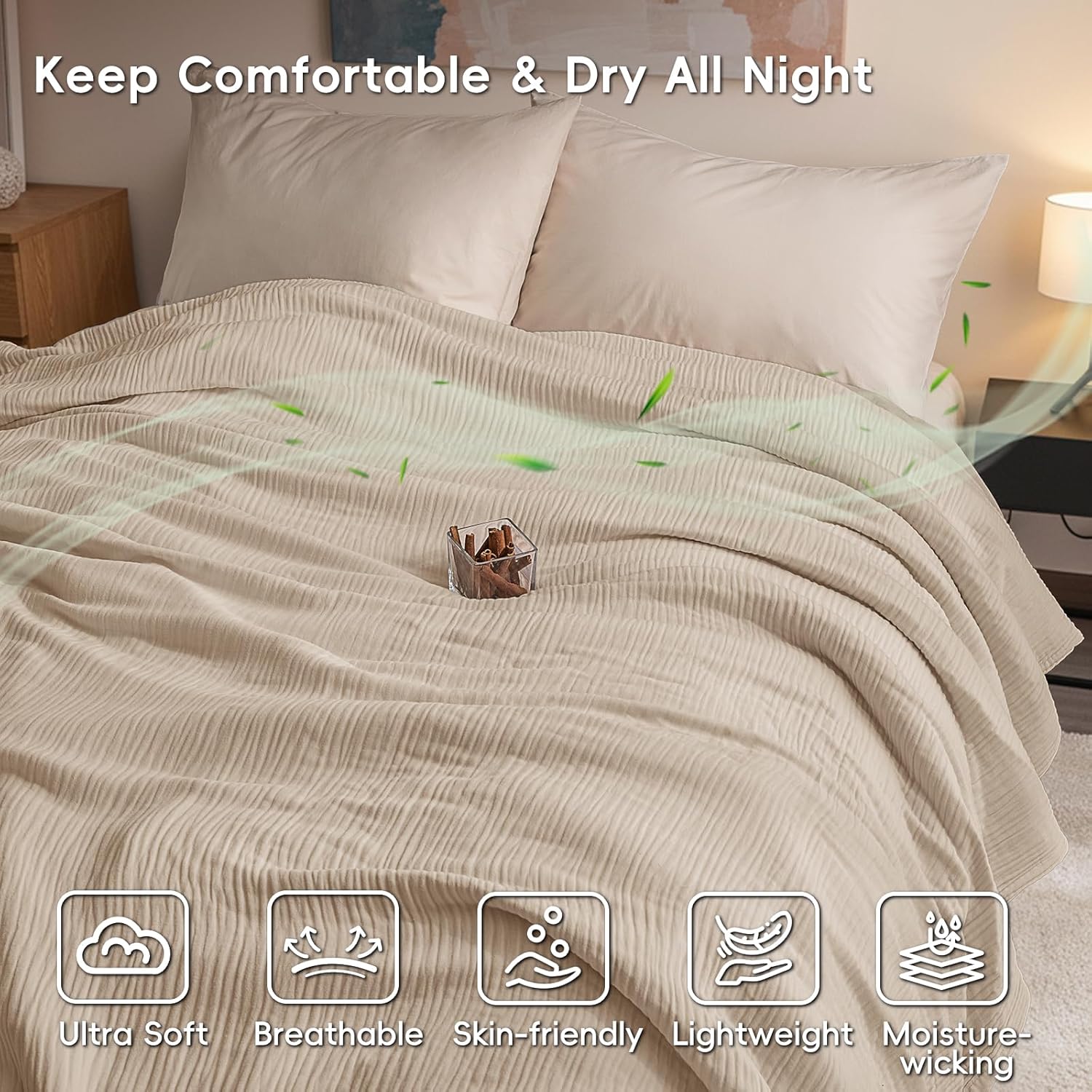 David's Home Soft Cooling Muslin Blanket Queen Size, 60% Rayon Derived from Bamboo 40% Cotton, Breathable Lightweight Blanket for Hot Sleepers, 4-Layer Cozy Gauze for Bed, 90"x90", Light Tan/Oat Milk - Image 2