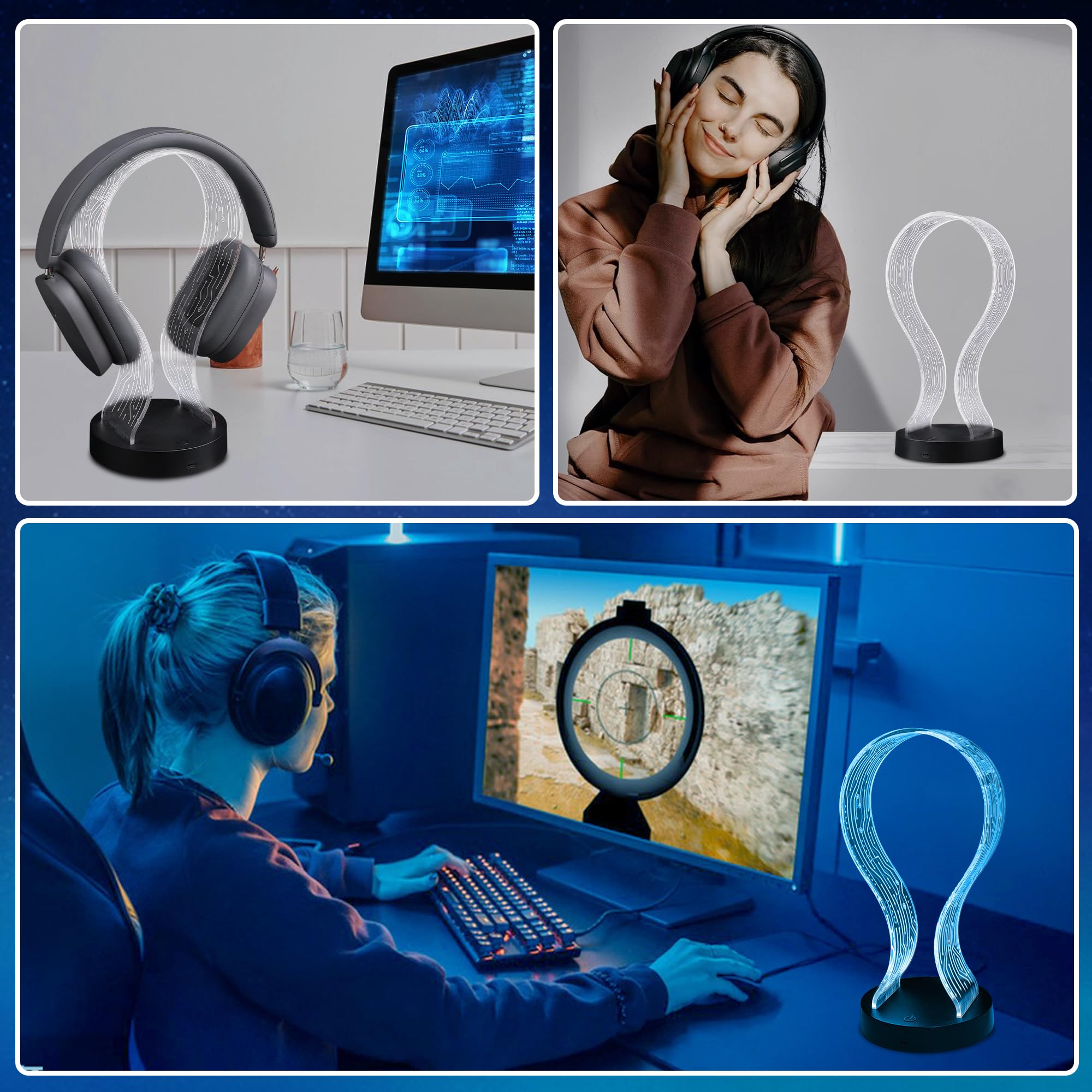 Ammonite Light Up Headphone Stand, 16 Farbe leuchtet Gaming Schreibtisch Accessoire mit 1 USB-Ladeanschluss und 1 Typ-C-Ladeanschlüsse, USB-Power und PCB-Muster, Geschenke für Gamer Freund Junge Mann