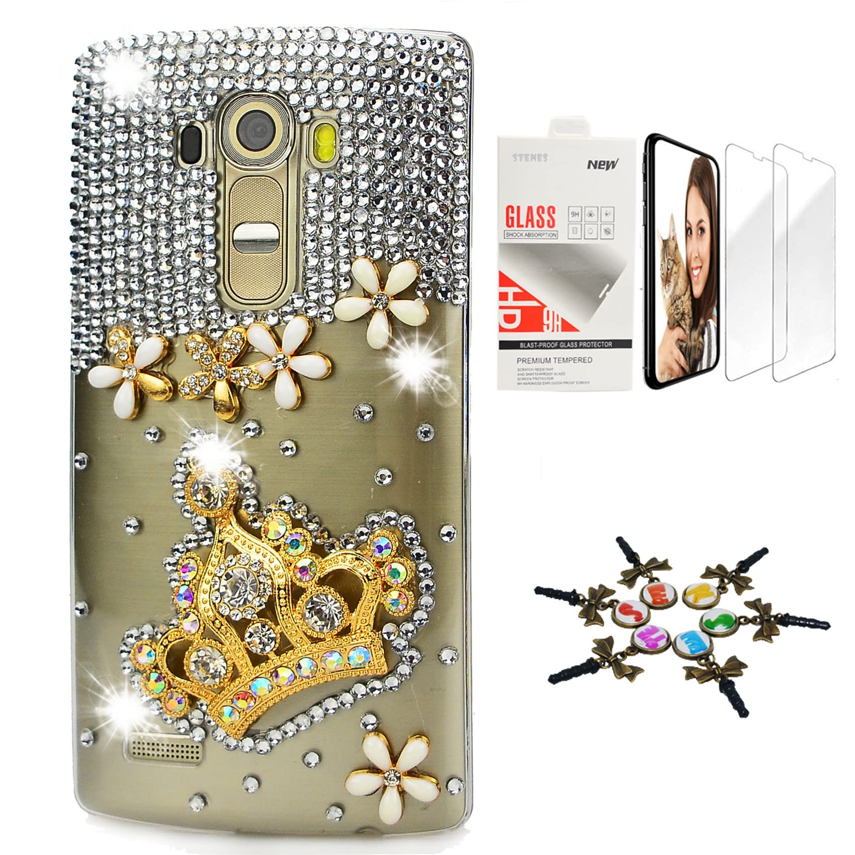 STENES Bling Case Compatible with LG V30 - Stylish - 3D Handmade [Sparkle Series] Big Crown Flowers Design Cover with Screen Protector [2 Pack] - Clear