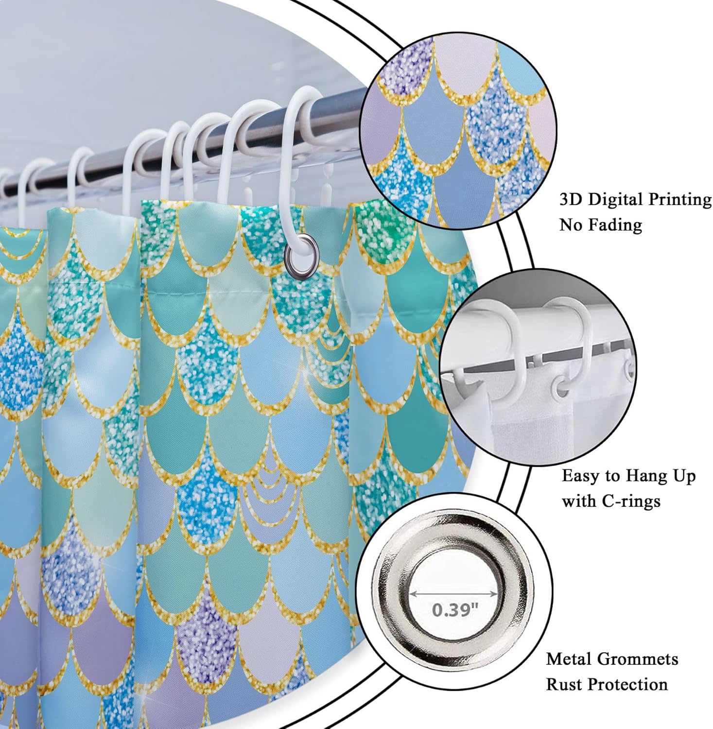 Riyidecor Mermaid Scales 4Pcs Bathroom Shower Curtain Sets Kids Pink Girls Ocean Sea Sparkly Iridescent Bathroom Decor Set with Rugs and Accessories Toilet Lid Rug, Contour and Bath Mat with 12 Hooks