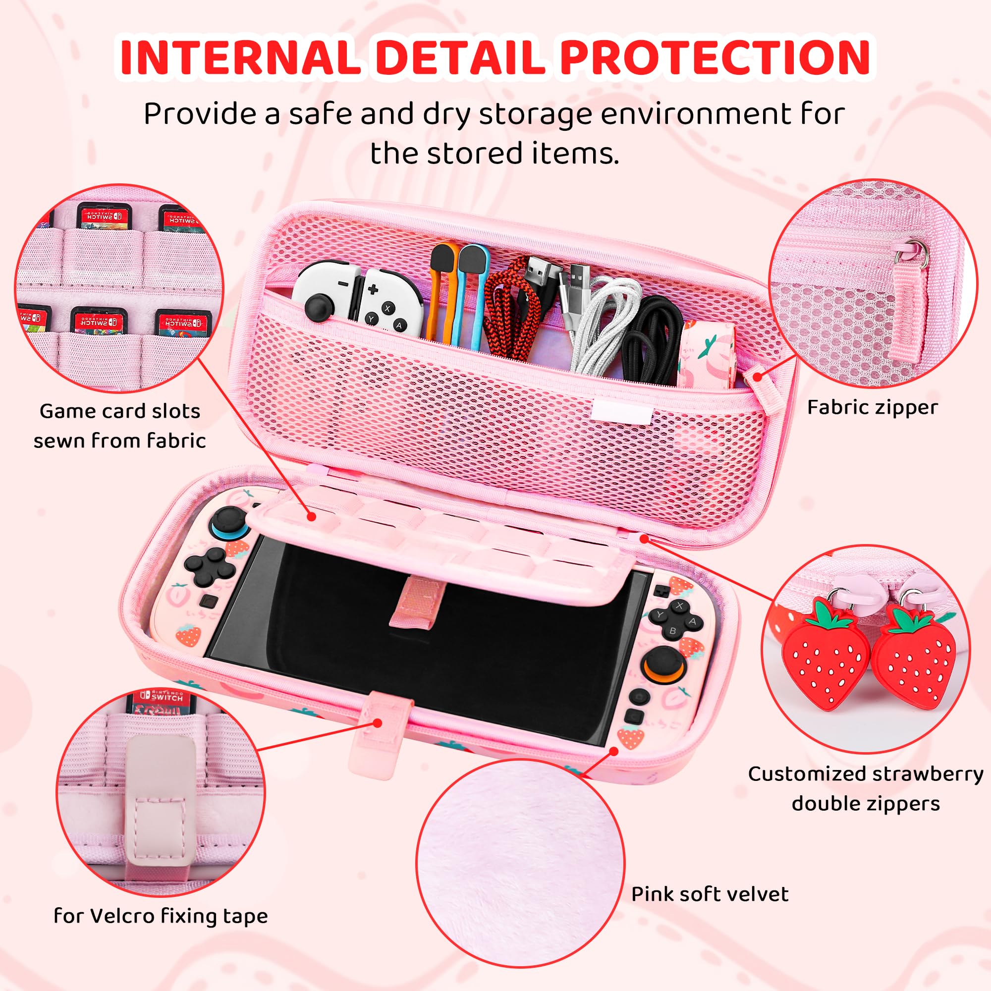 FUNDIARY Custodia da trasporto rosa per Switch 2 con design fragola, kit di accessori antiurto con custodia da viaggio sottile portatile, custodia agganciabile, pellicola proteggi schermo, tracolla e