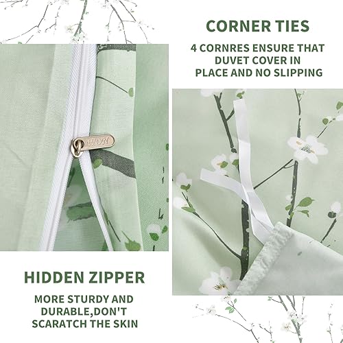 Miniatura 5 de WONGS BEDDING Juego de funda de edredón floral verde salvia, tamaño Queen, 3 piezas con estampado de flores de ciruelo y flores con 2 fundas de