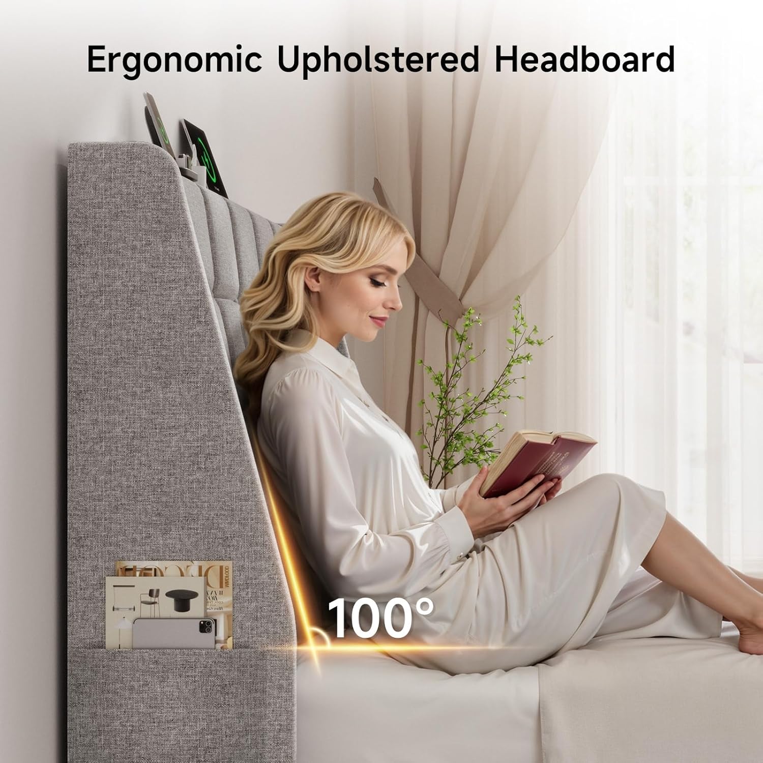 ONBRILL Ergonomic Upholstered Full Size Headboard w/Charging Station, Linen Wingback Headboards w/Storage Pocket, Full Headboard Only, Bed Frame Adapters, Sturdy Solid Wood Bed Head Board, Light Grey