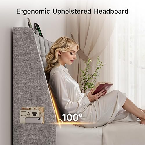 Miniatura 3 de ONBRILL Cabecero tapizado ergonómico de tamaño completo con estación de carga, cabeceros con respaldo de ala de lino con bolsillo de almacenamiento