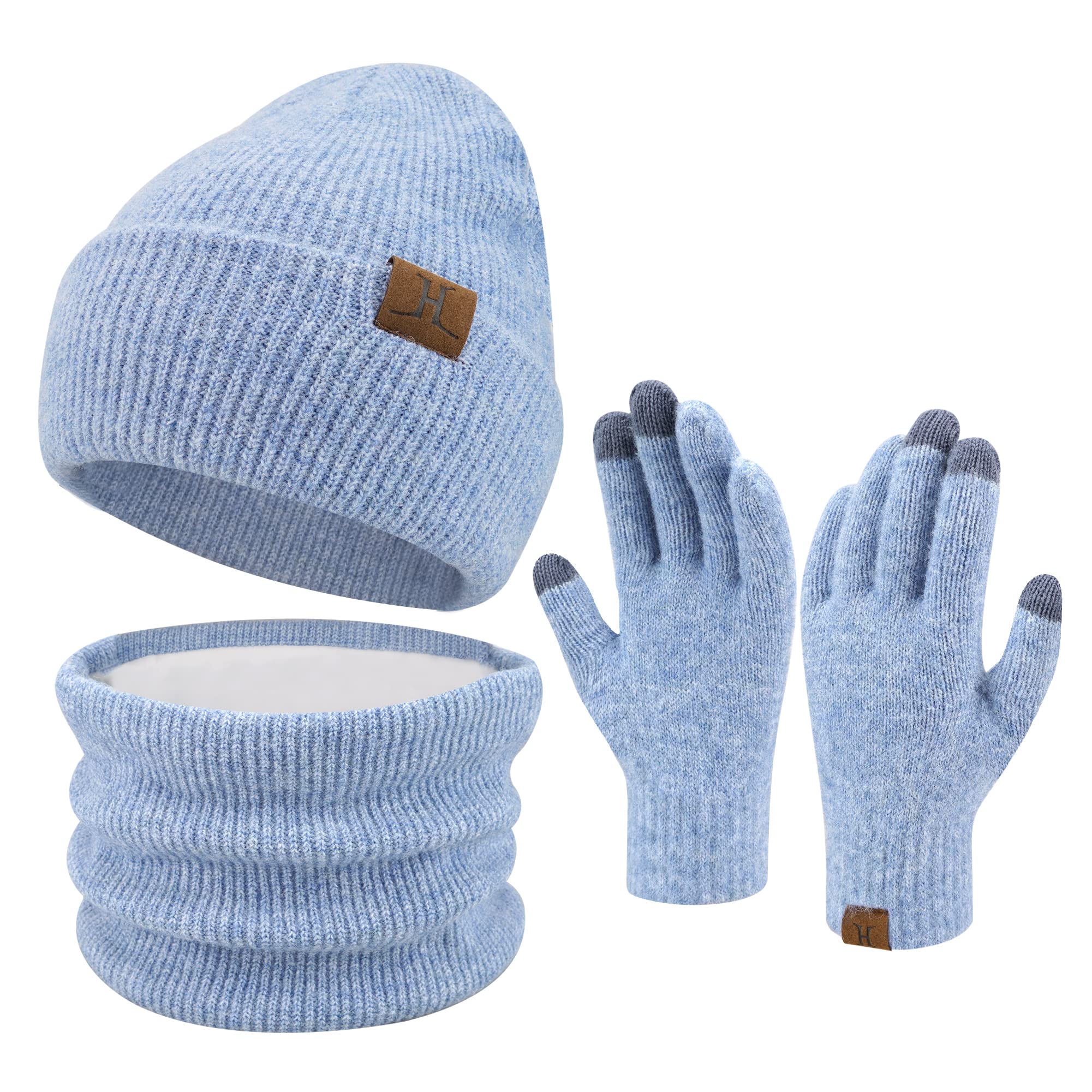 ZASFOU Dames Winter Gebreide Beanie Hoeden Touchscreen Handschoenen Warme Wollen Hoed en Handschoenen Set Schedel Caps Met Fleece Gevoerd, 3 stuks-roze wit, one size