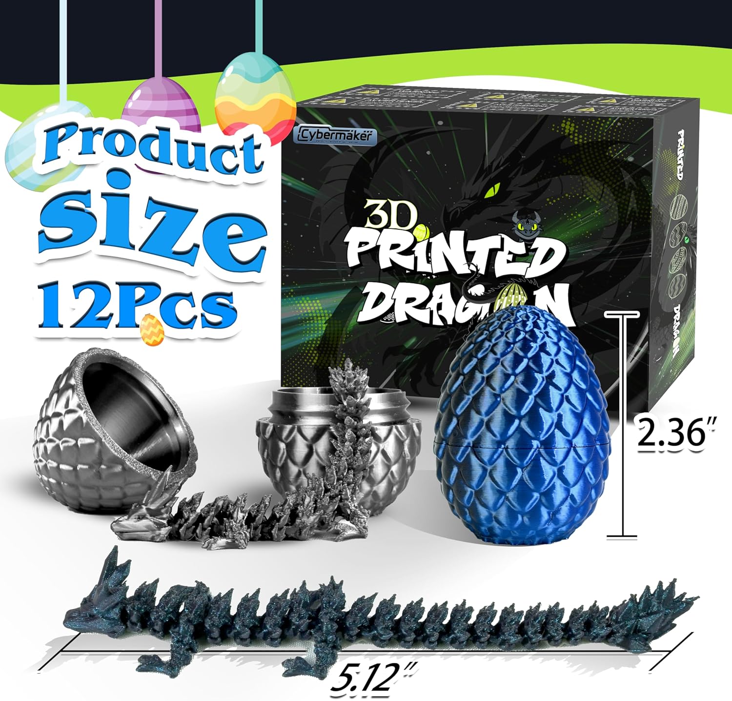 12PCS 3D Printed Dark Dragon Eggs, Articulated Fidget Toys Set, Mystic Shadow Crystal Dragon Figurines for Collectors, Goodie Bag Fillers, Birthday Gifts, Spooky Party Favors