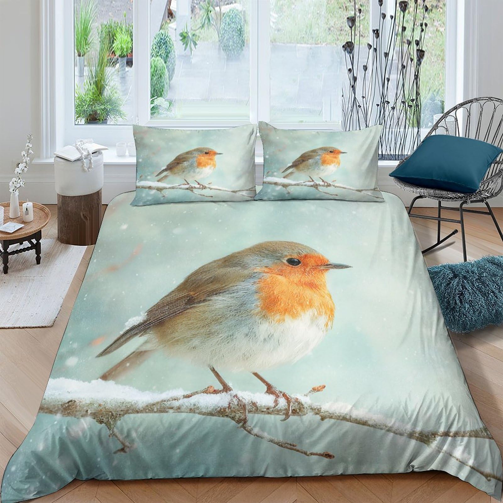 Ctjqhvkz Style-3 3D Printed Robin Bird Fitted Sheet Microfiber Soft Breathable Winter Branch Mattress Cover For Bedroom Dorm Decor Single（135X200cm）