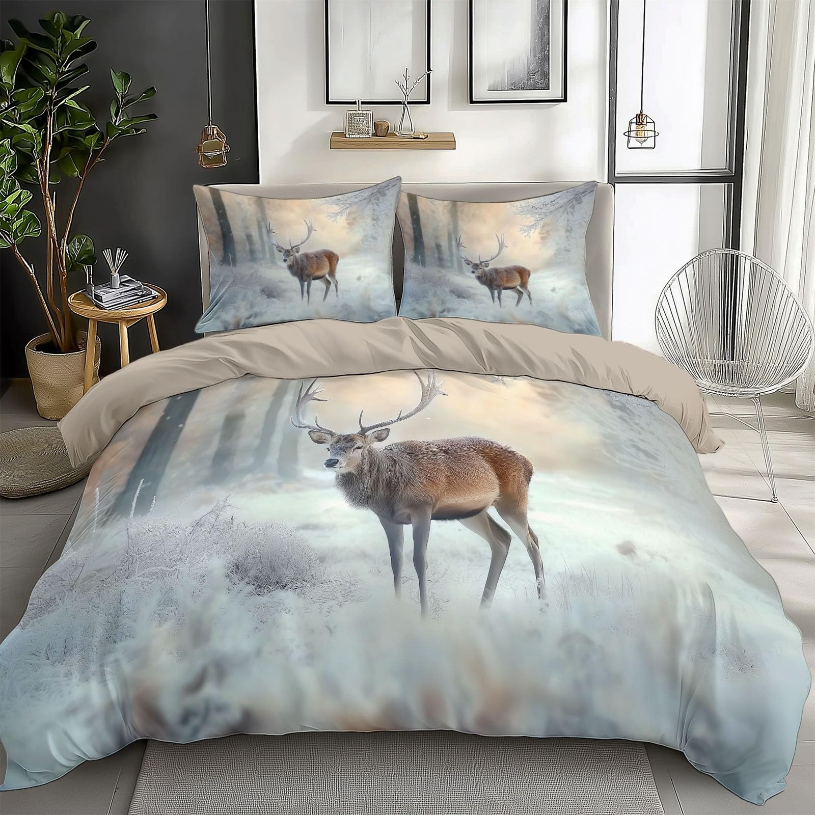 Blue California King Duvet Cover Winter Forest Deer Cal King Bedding Set 3 Pieces, Soft and Breathable Microfiber Comforter Cover with 2 Pillow Shams, for All Season