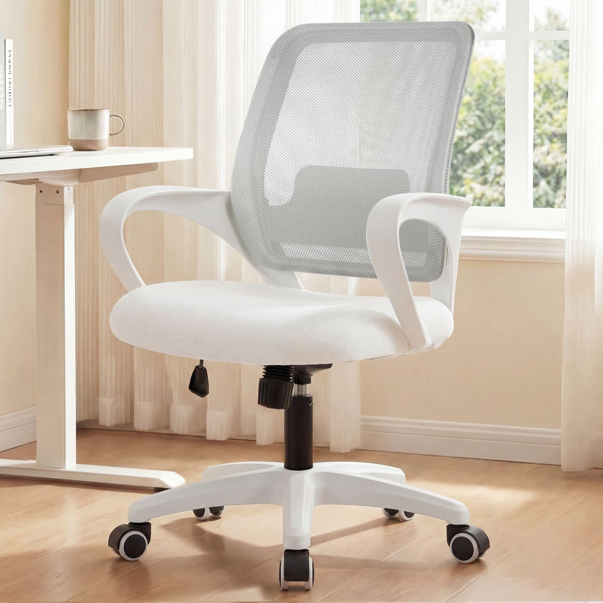 NEO CHAIR Office Desk Ergonomic Computer Mesh Chair with Lumbar Mid Back Support Adjustable Height Swivel Rolling Wheels Comfy Task Vanity Chair for Home Bedroom Study (Ivory)