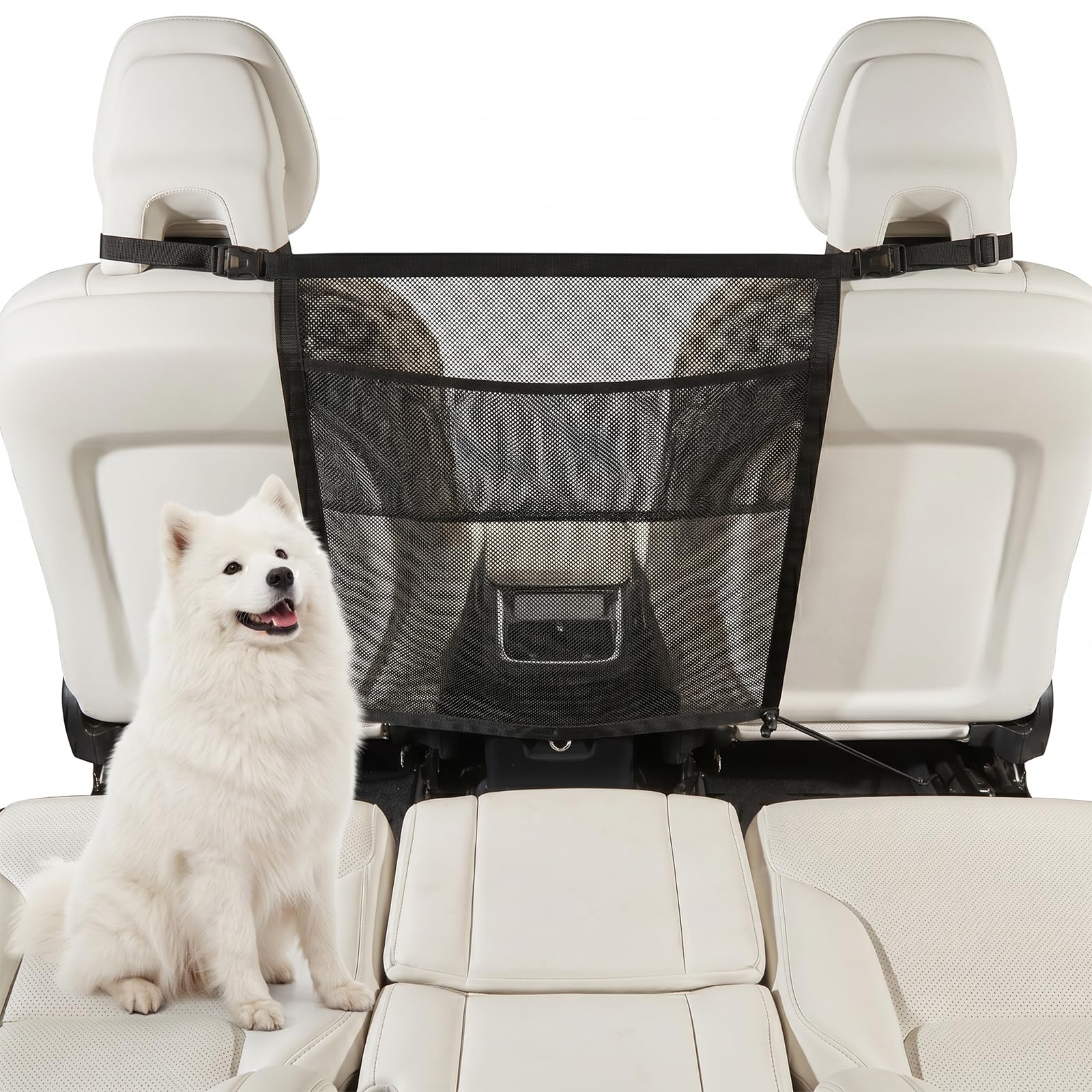 Griglia per Cani per Auto con Tasche portaoggetti 69x57cm, Rete divisoria Universale in Nylon, barriera di Sicurezza per Sedile Posteriore e Anteriore