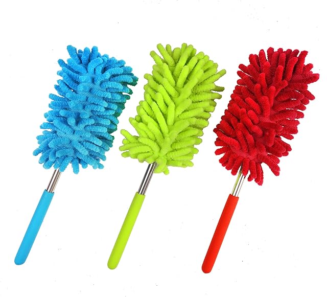 DERAYEE 3 Pack Extendable Microfiber Duster, Microfibre Dusting Hand Brush with Telescoping Pole Washable Duster Head for Home Office Car