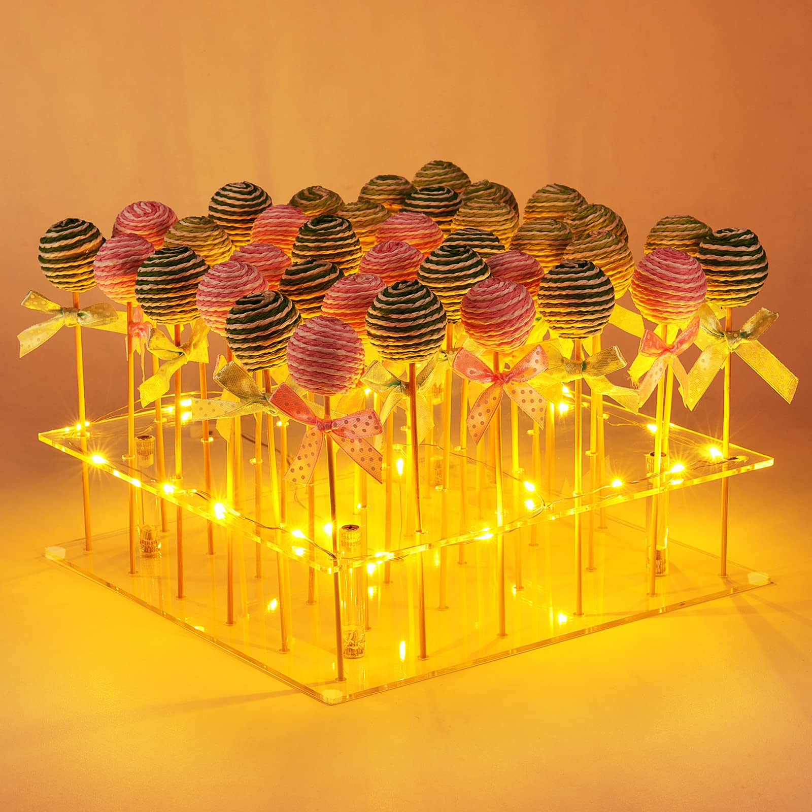 Anmeish Yellow Acrylic Cake Pop Display Stand, 36 Hole Clear Lollipop Holder With Led String Lights, Ideal For Weddings Baby Showers Birthday Party Anniversaries Holiday Candy Decorative ( Light)