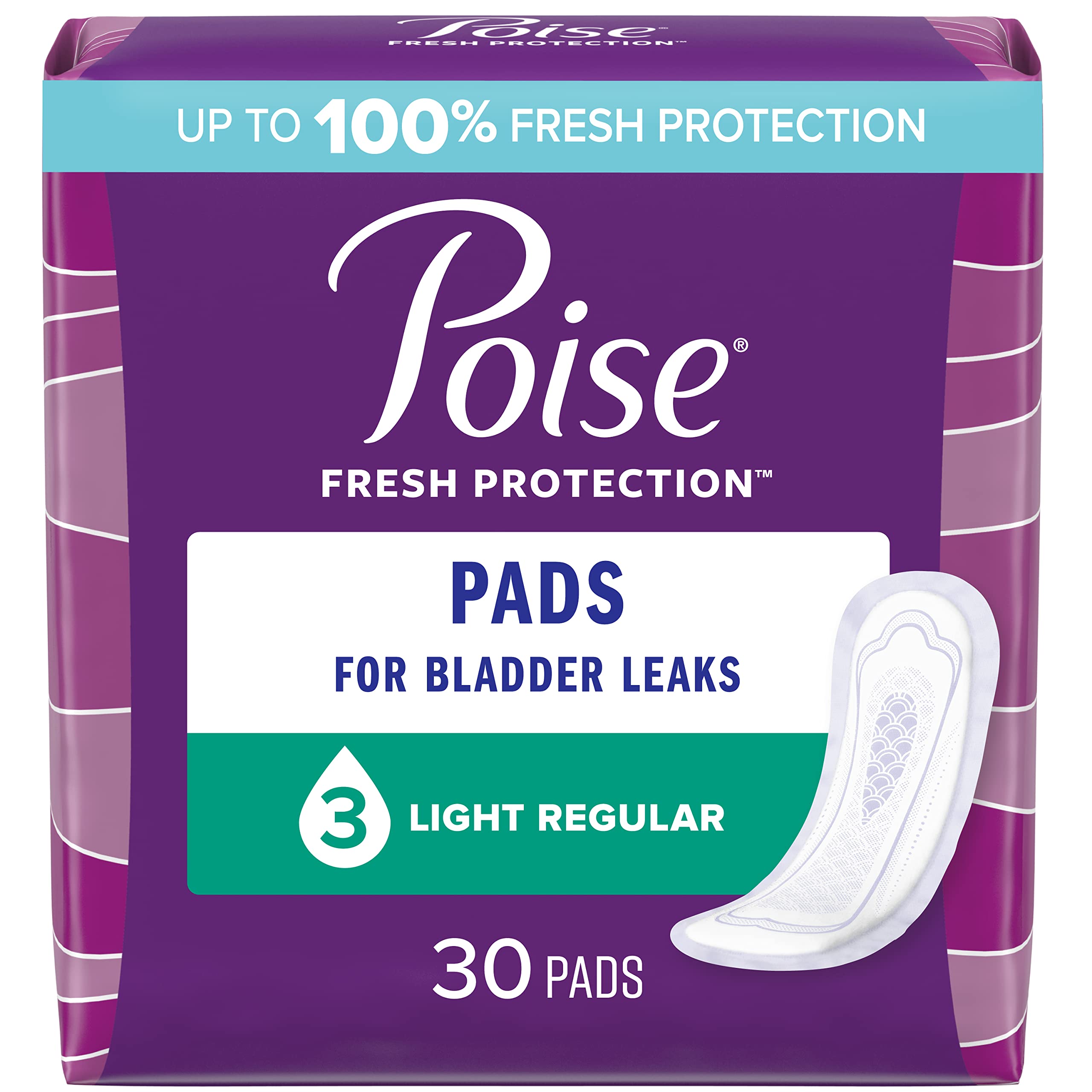 Poise Incontinence Pads &amp; Postpartum Incontinence Pads, 3 Drop Light Absorbency, Regular Length, 30 Count, Packaging May Vary