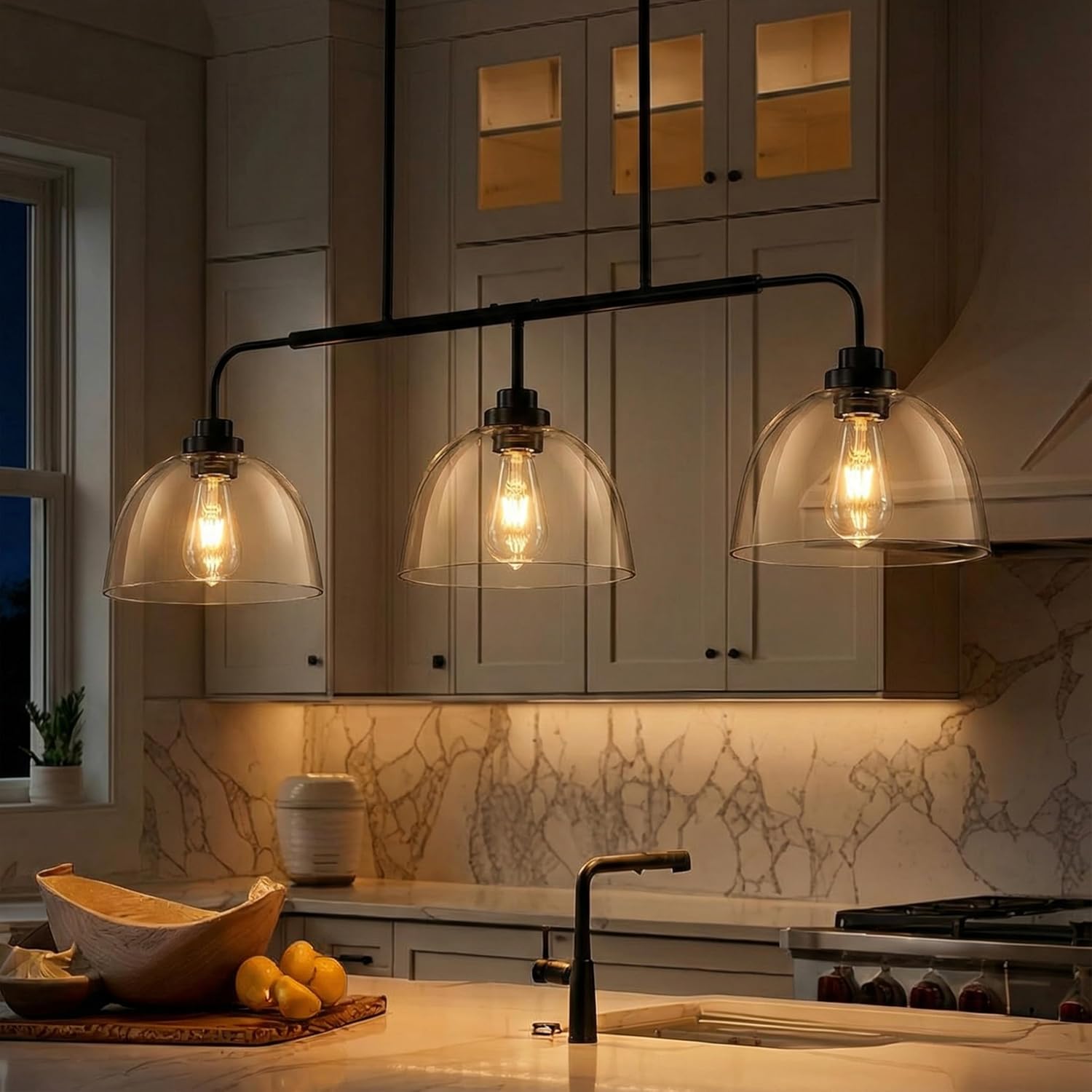 GoYeel 39.37" Kitchen Island Lighting, Large Dining Room Chandelier Over Table Black Pendant Lights Kitchen Island with 3 Big Clear Glass Dome,Height Adjustable,E26 Base