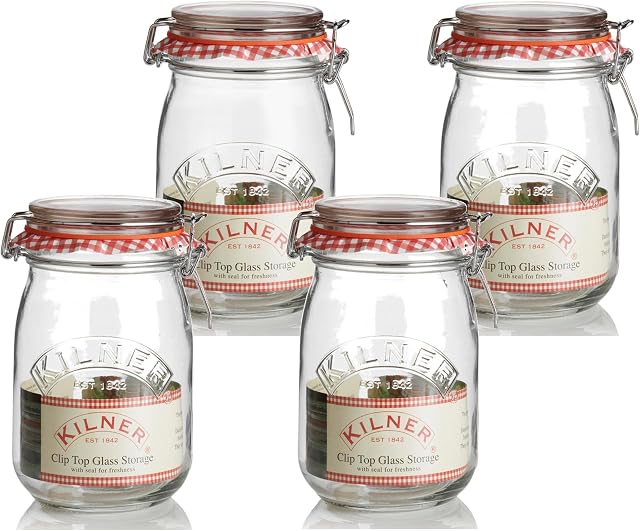 4 x Kilner Traditional 1 Litre Airtight Clip Top Preserve Glass Storage Jars