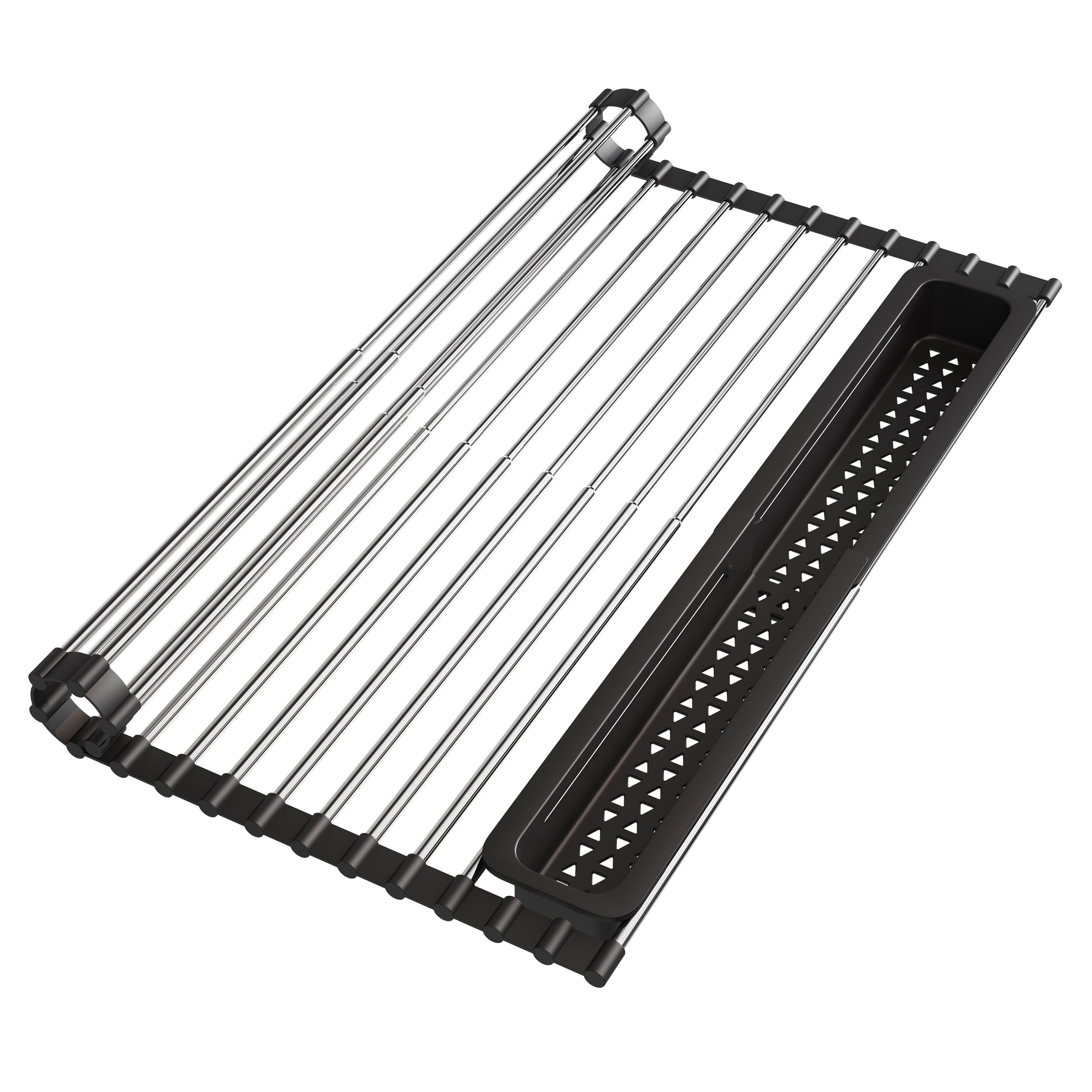 JASIWAY Roll Up Dish Drying Rack, Expandable (12.8"-23.8" D x 12.8" W) Stainless Steel Portable Over The Sink Dish Drainer for Kitchen Sink Counter, Foldable Sink Cover with Removable Utensil Holder
