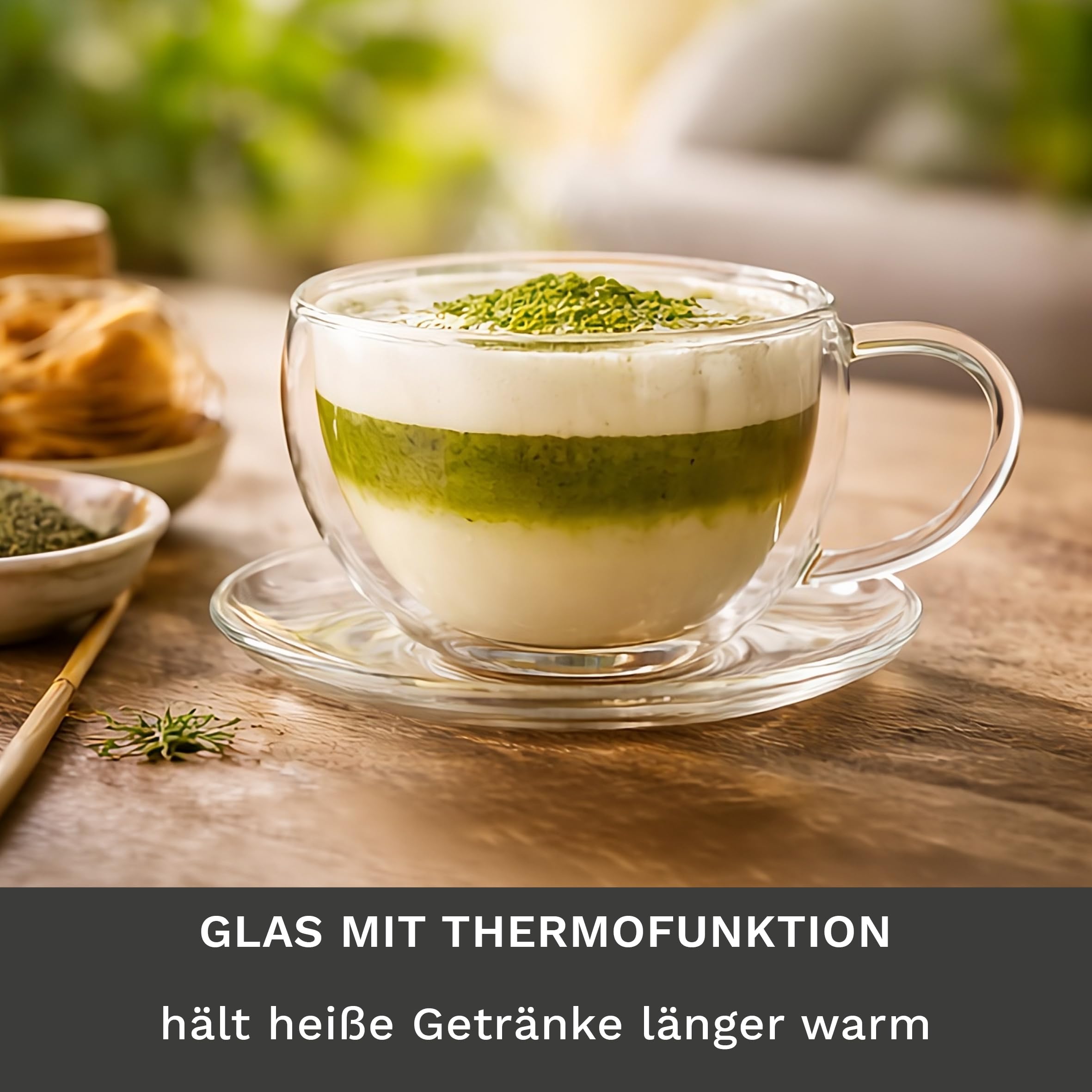 Creano Thermo-Tasse doppelwandige Tee-/Latte Macchiato Cappuccino Tasse mit Untersetzer 250ml, 6er Set
