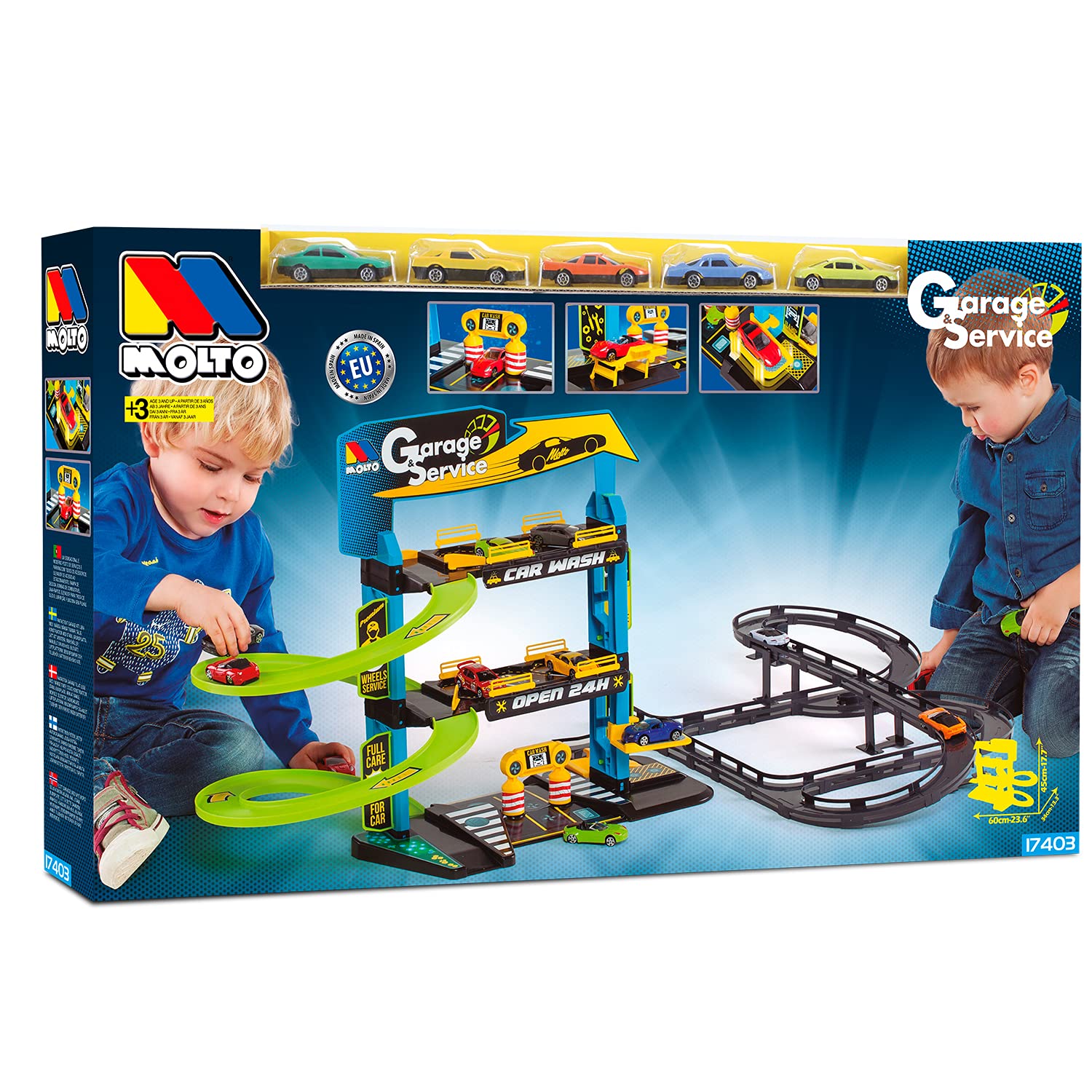 MOLTO | Parking pour Enfants à 3 Étages avec Accessoires et Piste Extérieure, Parking pour Jouets, Piste pour Voitures, Jouets pour Enfants + 3 Ans, Garage pour Voitures