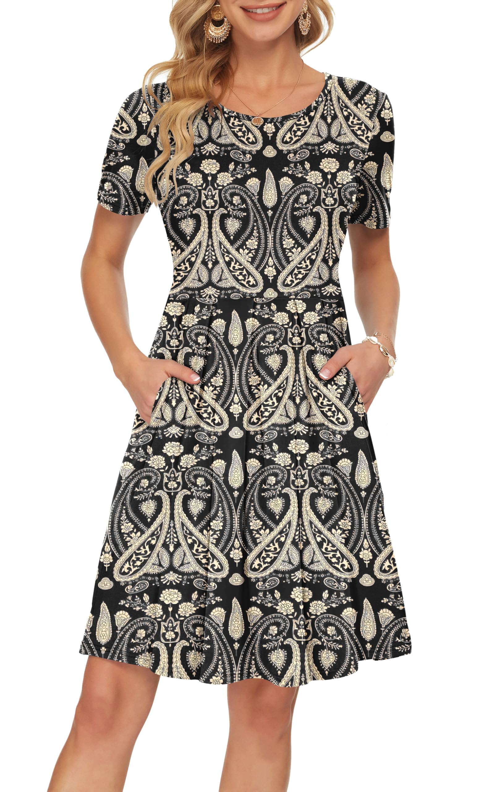 AUSELILY Women's Short Sleeve Pleated Swing Summer Dress with Pockets