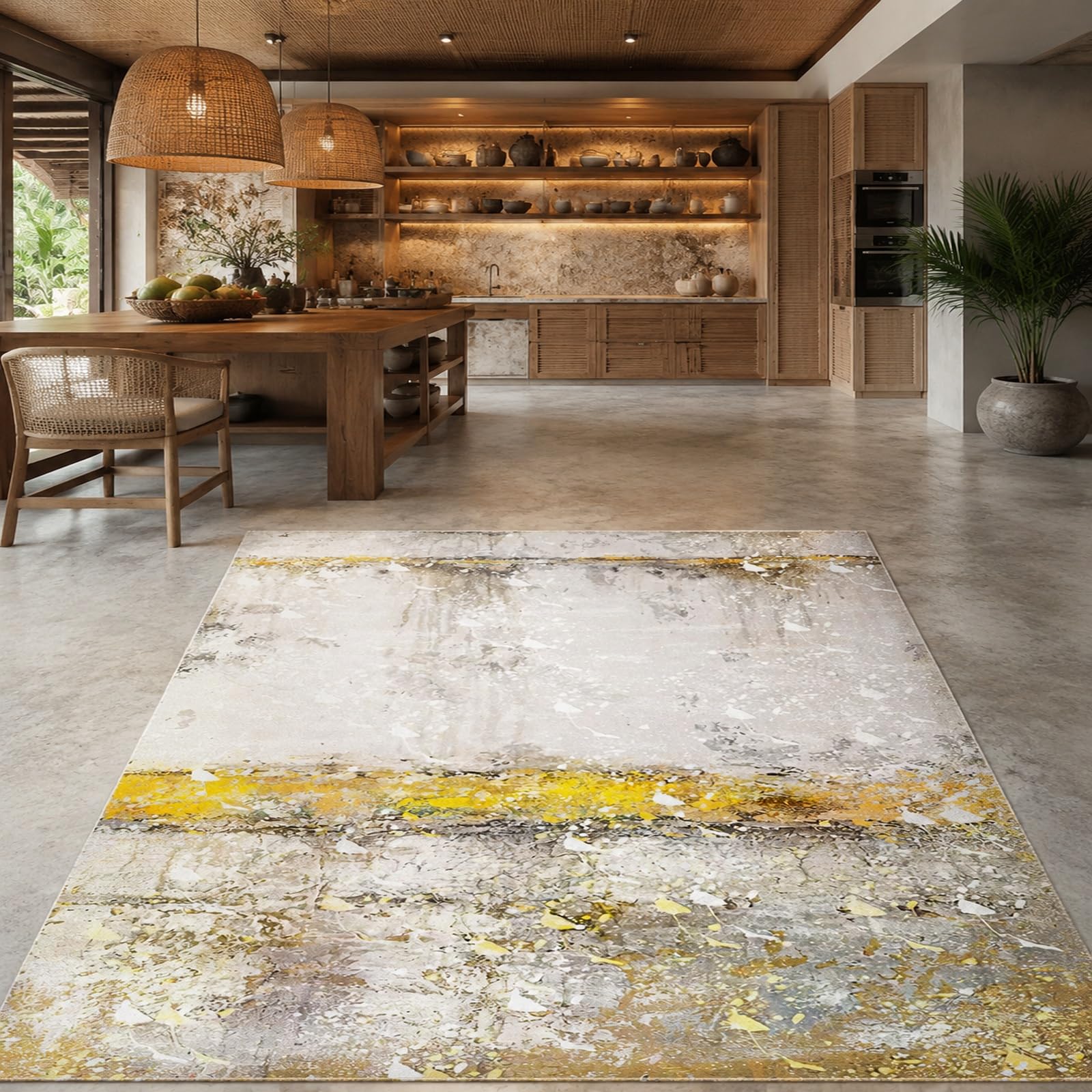 Tapis de chambre adulte 140 x 200 cm abstrait blanc gris et jaune pour canapé