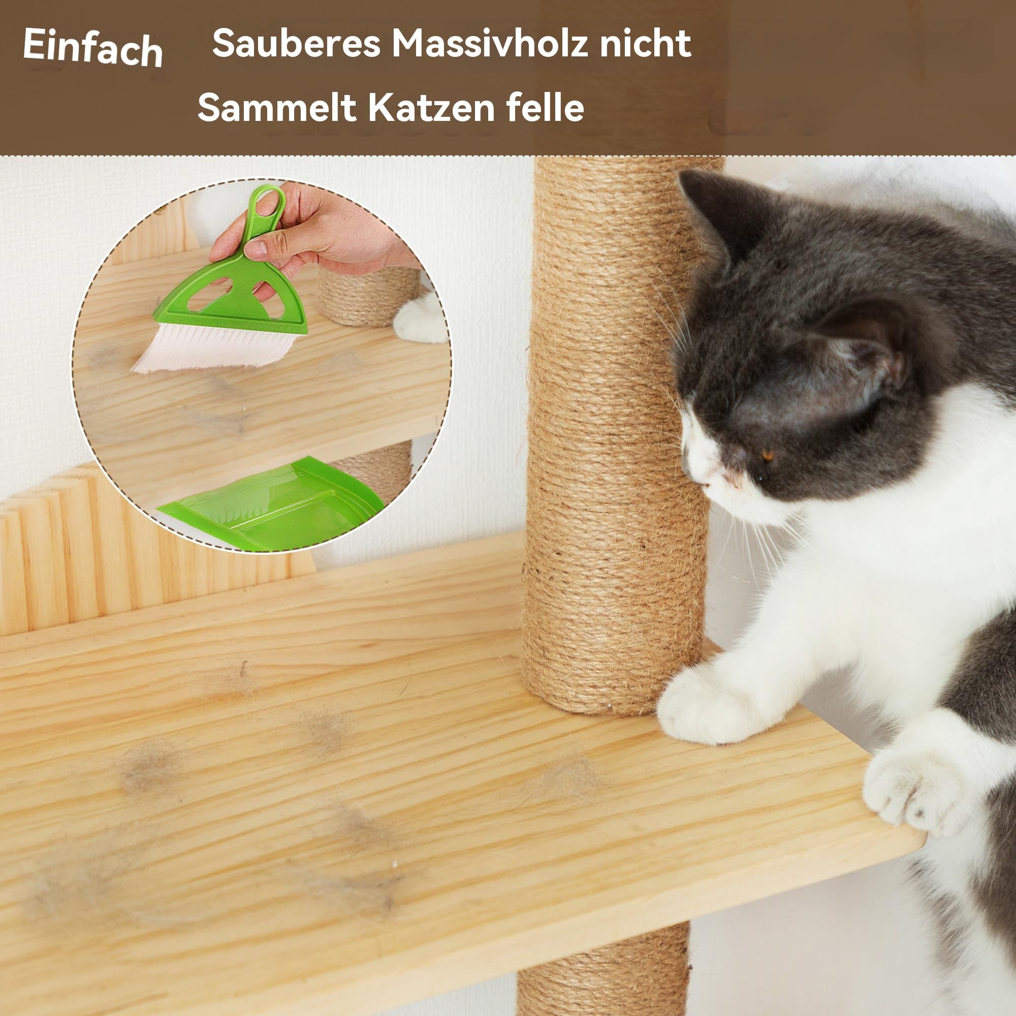 Kratzbaum für Katzen Wand Klettern 4 Etagen Katzenturm(176 cm) aus Natürliches Kiefernholz Katzenregal mit Hängematte und Sisal-Kratzmatte Federnde Spielmaus Kletterwand für Wohnungskatzen