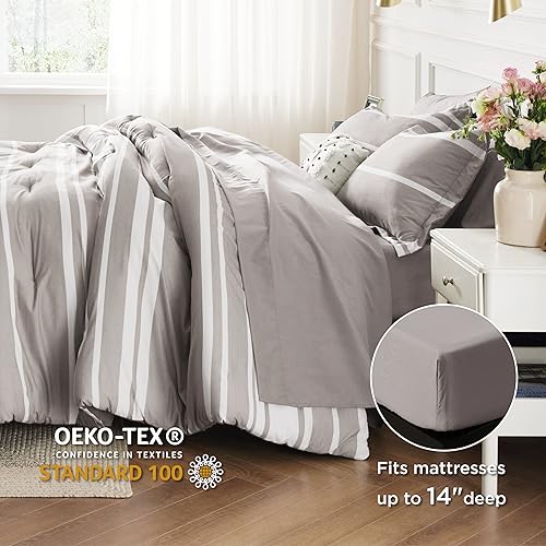 Miniatura 4 de Bedsure Bed in a Bag King - Juego de edredón de 7 piezas, color blanco topo cálido a rayas, juego de cama para todas las estaciones, 2 fundas de