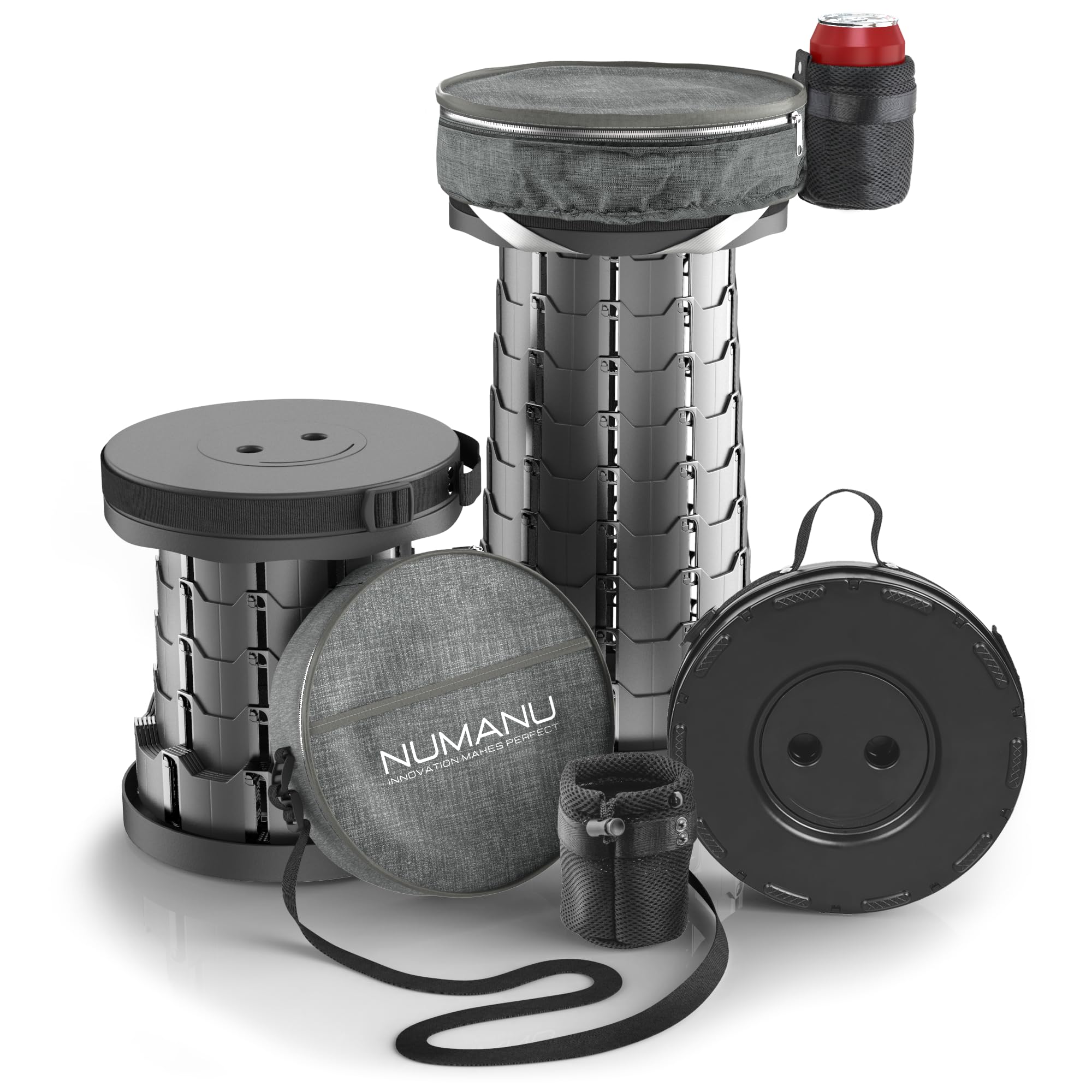 Numanu 2021 Upgraded Portable Collapsible Stool with 3in1 Seat Cushion Carry Bag and Drink Holder - Lightweight, Retractable Telescoping Stool – Adjustable Height Folding Chair for Camping Fishing BBQ