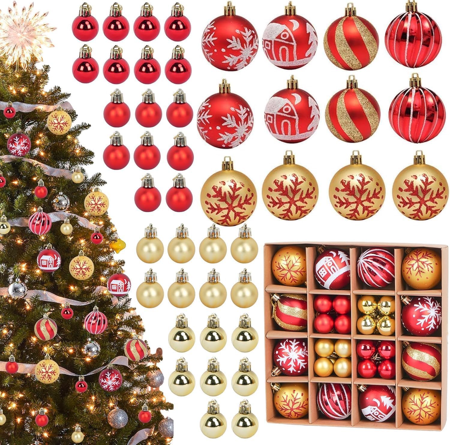 ORCHID M® Christmas Balls Ornaments 44Pcs, Shatterproof Christmas Tree Decorations Set Baubles for Xmas Tree Hanging Ball Decoration for Holiday Wedding Party