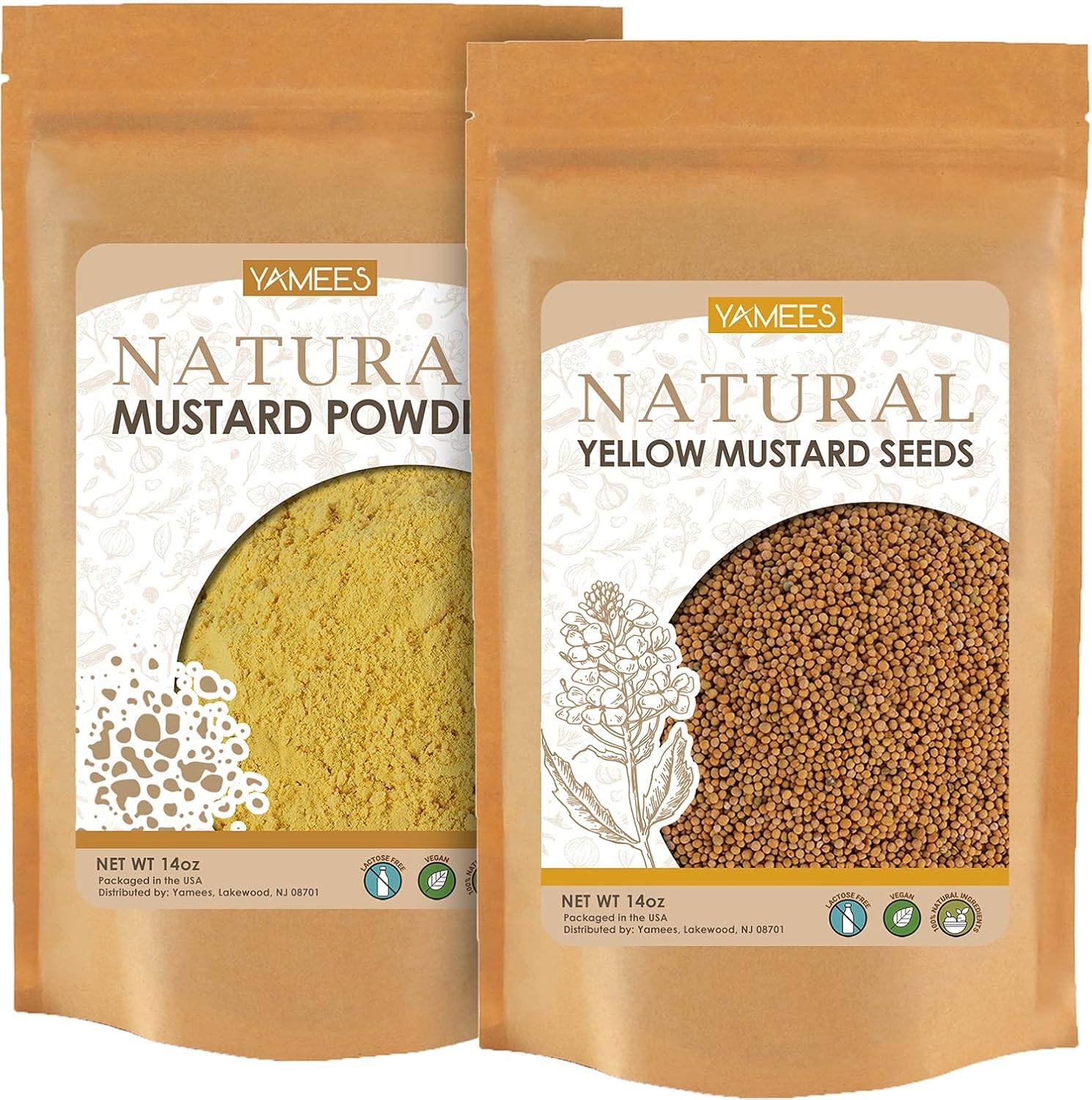 Yamees Yellow Mustard Powder & Mustard Seeds - 28 Ounces (14 Ounce Bags) - Yellow Mustard Seeds & Ground Mustard - Bulk Spices and Seasoning YAMEES