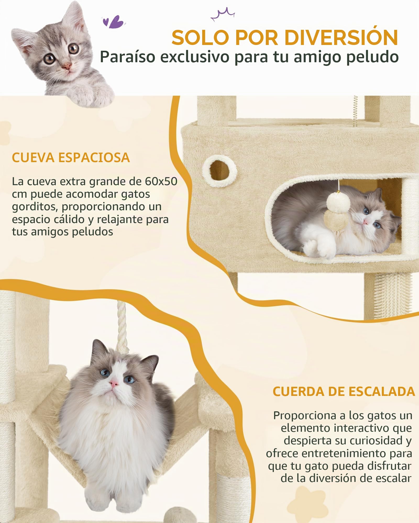 Hzuaneri Árbol Rascador para Gatos, 203 cm Multicapa con Plataforma Grande, 2 Cuevas, 7 Postes de Sisal, Pompones, Cesta para Gatos, Hamaca, Beige MS20318YL