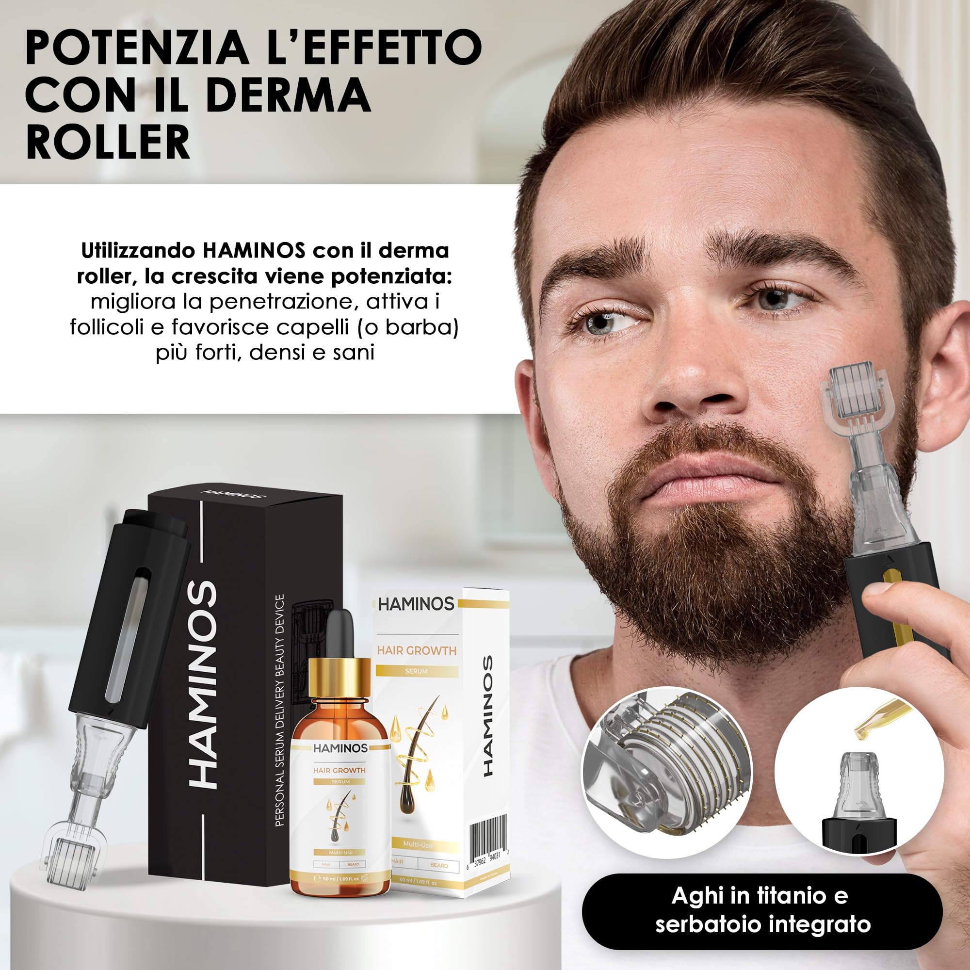 HAMINOS Derma Roller 0,5 mm con Siero Capelli per Uomo, Microneedle Roller per Cuoio Capelluto e Barba con Serbatoio, Applicatore Siero per Attaccatura, Corona e Barba