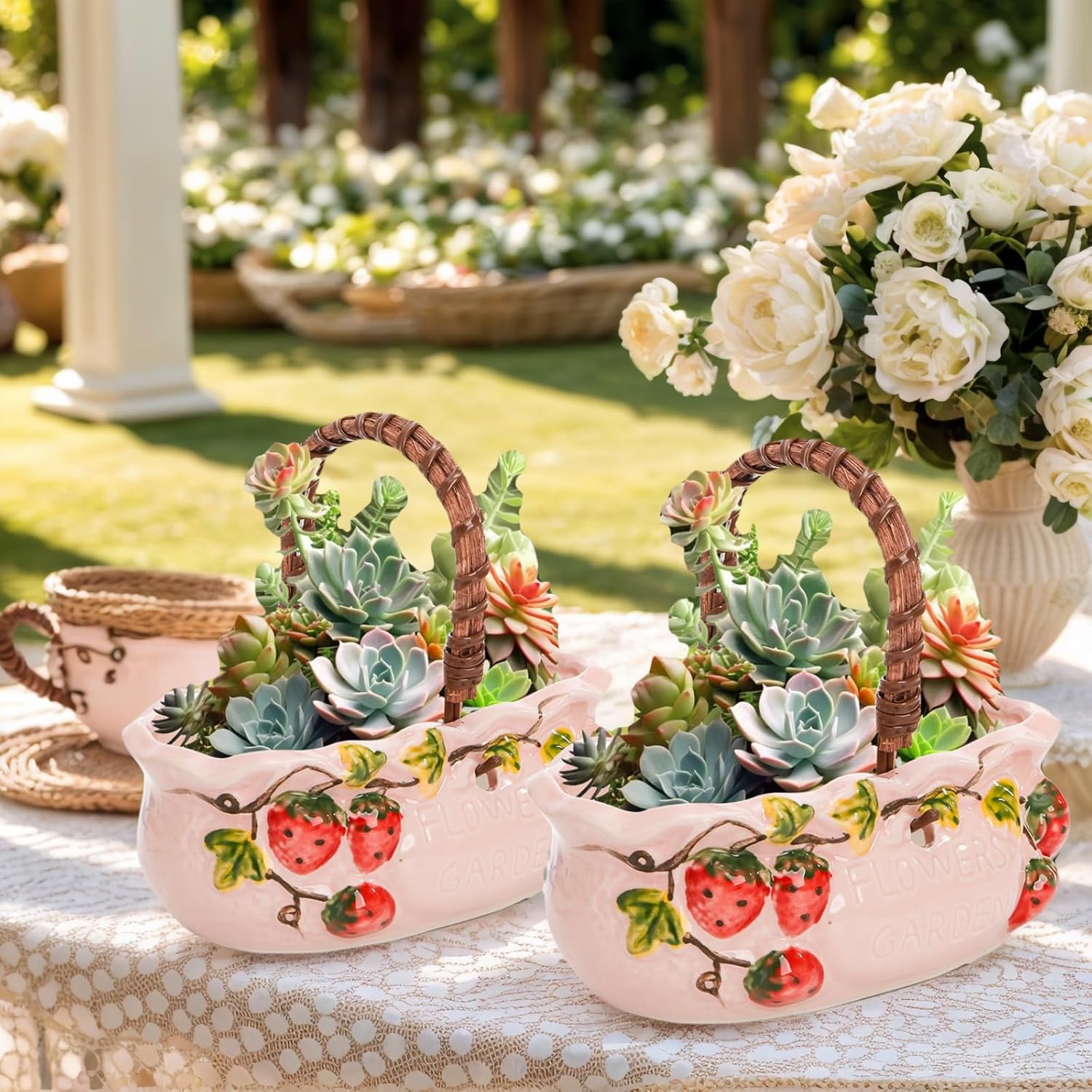 2 Pack Ceramic Succulent Planters, 7 Inch Shallow Bonsai Plant Pot with Handle Drainage Hole, Flower Container Bowl for Cactus Tree, Indoor Outdoor Office Decor, Strawberry Pattern