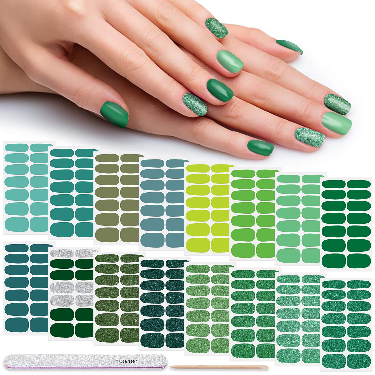 DANNEASY 16 Sheets Green Nail Polish Strips Nail Wraps for Women St. Patrick's Day Gel Nail Strips Self Adhesive Nail Polish Stickers Glitter Manicure Sticker with 1pc Nail File, Cuticle Stick