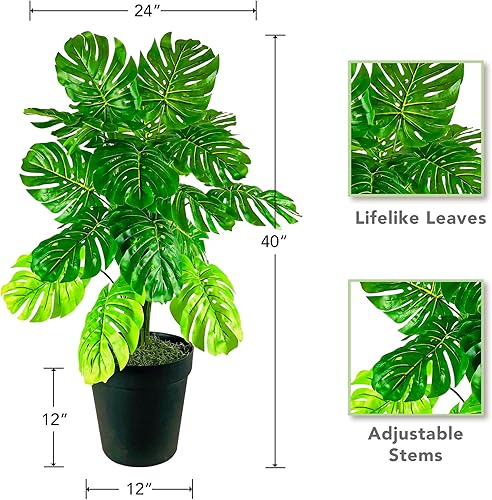Miniatura 2 de Planta artificial de Monstera abigarrada de 40 pulgadas, planta sintética de interior en maceta de plástico negro, planta falsa de casa y decoración