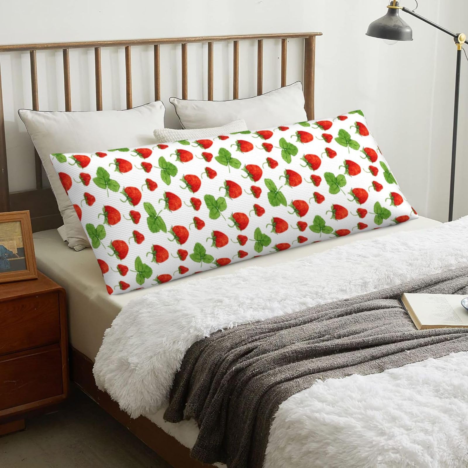 Strawberry Plants Fruit White Print, Body Pillow Cover with Zipper,Long Body Pillowcase 20 x 60 in