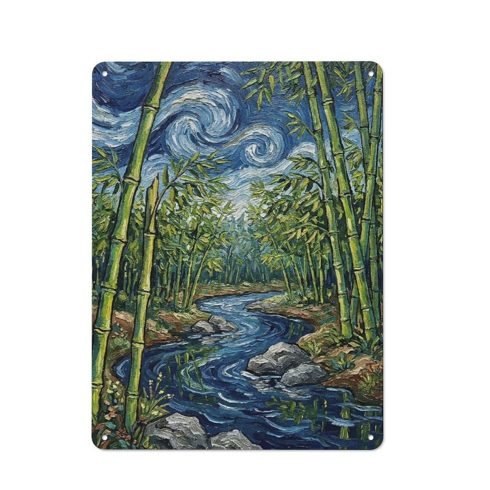 Junmoney Style-21 Outdoor Room Shed Metal Sign 40X30cm Featuring Bamboo Forest River Painting, Utility Space Decor For Patio Bar, Workshop, Shed Or Kitchen