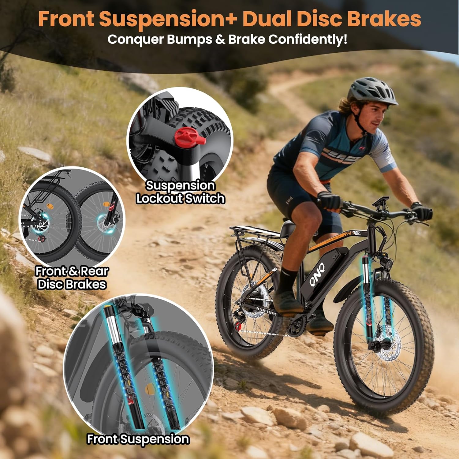 Fat Tire Electric Mountain Bike 1500W Peak, 48V 15Ah Removable Battery,20MPH Speed & 60 Miles Range Electric Bicycles, 26" All Terrain Off Road E-Bike for Adults w/ Lockable Suspension & 7 Speed Gears