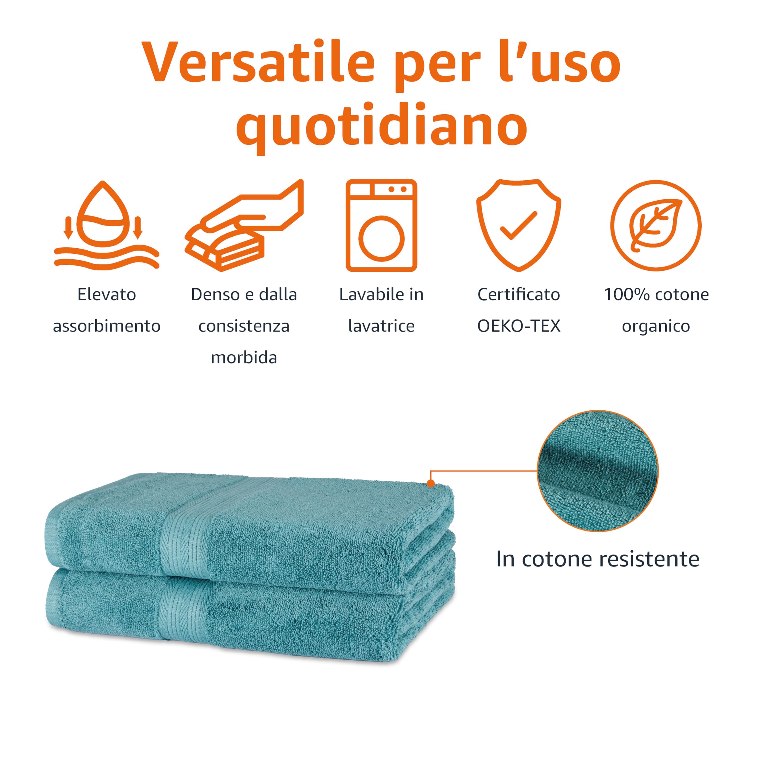 Amazon Basics Set Asciugamani Bagno Spugna 100% Cotone Biologico Telo Doccia 76x137 cm, Verde Acqua, Confezione 2 Pezzi
