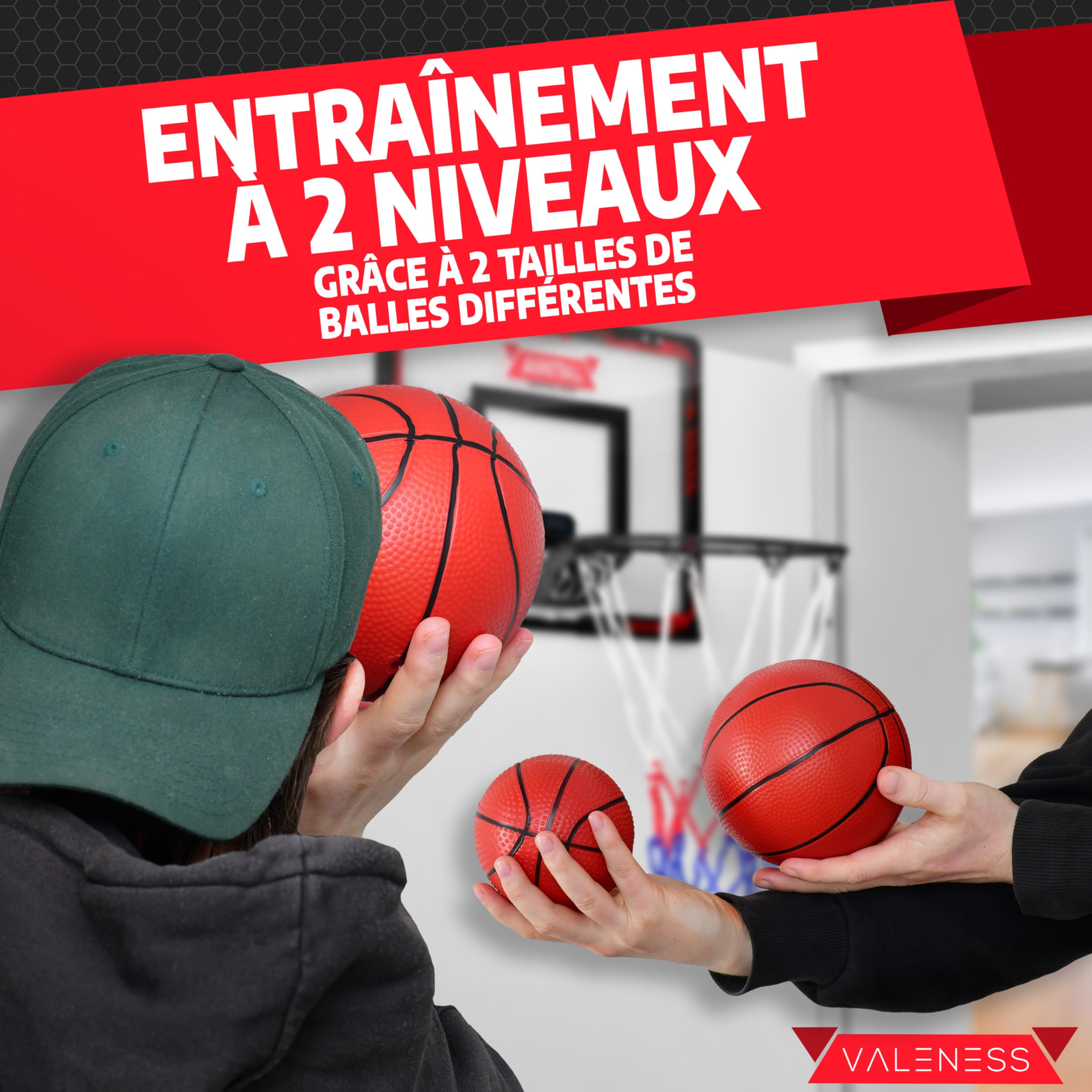 VALENESS® Mini Panier de Basketball Intérieur [pour Porte & Mur] - Petit Panier de Basket avec Fonction Dunk, 4 Ballons, Pompe & Accessoires de Fixation - pour Enfants et Adultes