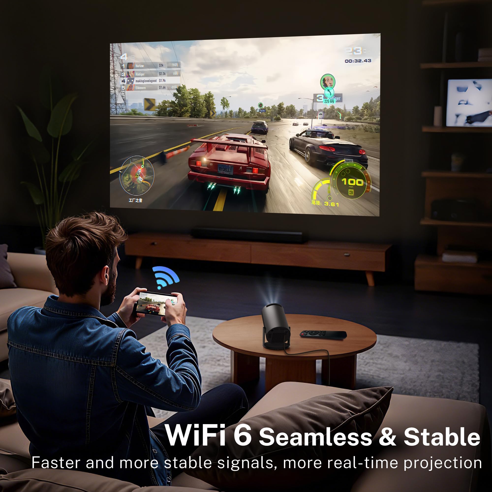Mini Beamer Native 720P 4K unterstützt Android 14 Smart TV Projektor, WiFi 6 Bluetooth 5.4, Auto-Keystone, 300 ANSI, schwarz