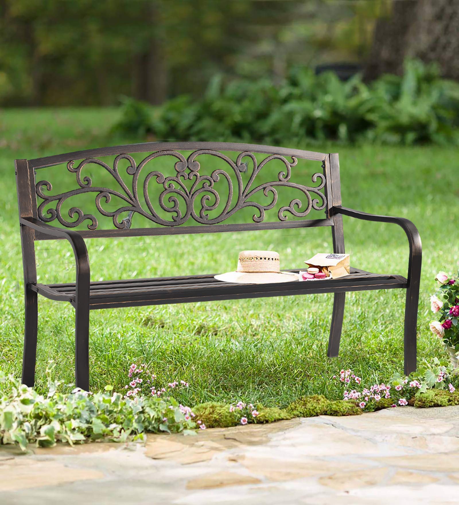 ANGIEHAIE Patio Garden Bench Outdoor Metal Bench Park Yard Furniture Cast Iron Loveseats with Armrests for Porch Backyard Lawn Deck