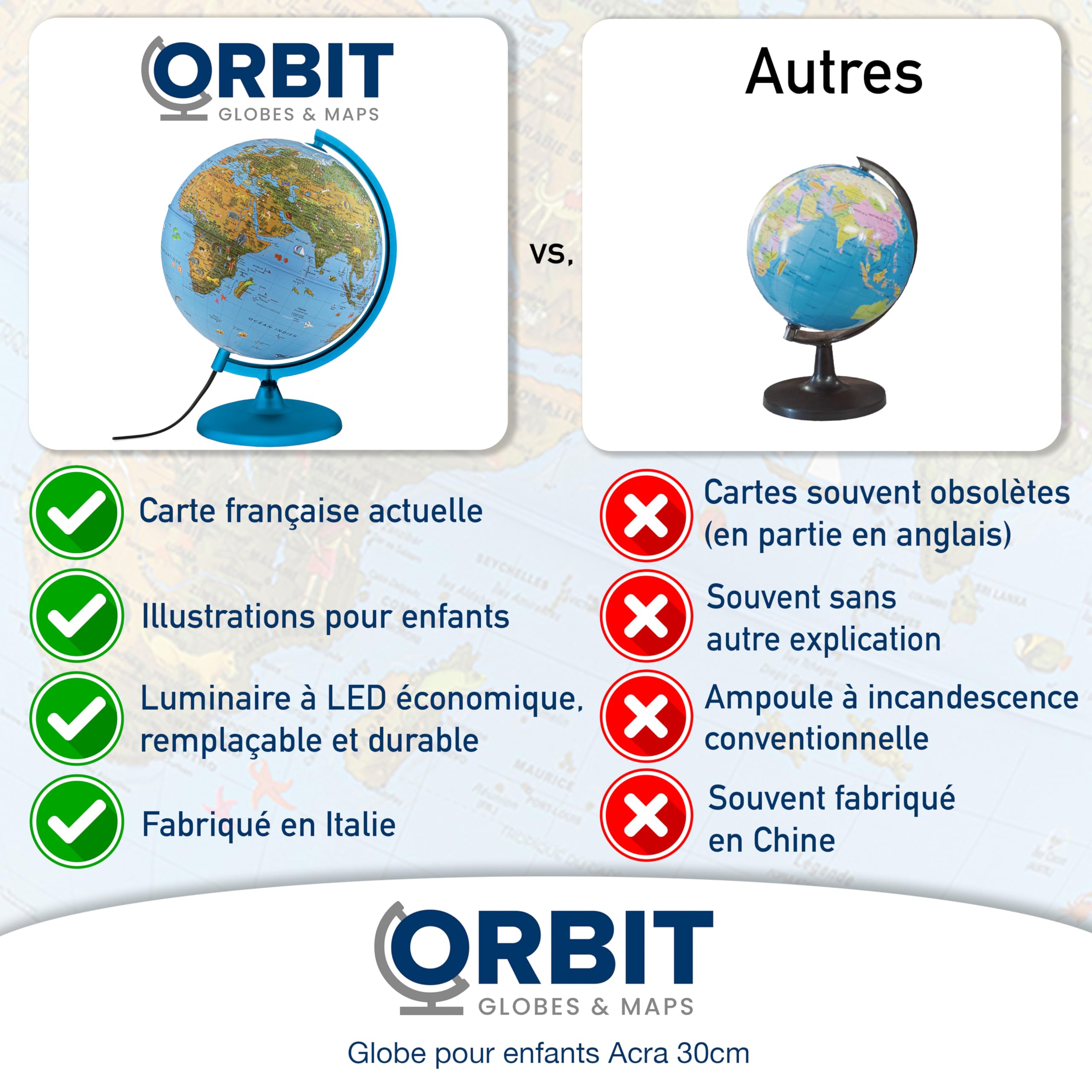 ORBIT Globes & Maps - Globe pour enfants - Globe de 30cm avec pied en plastique anti-choc, cartographie avec de nombreuses illustrations, textes en français