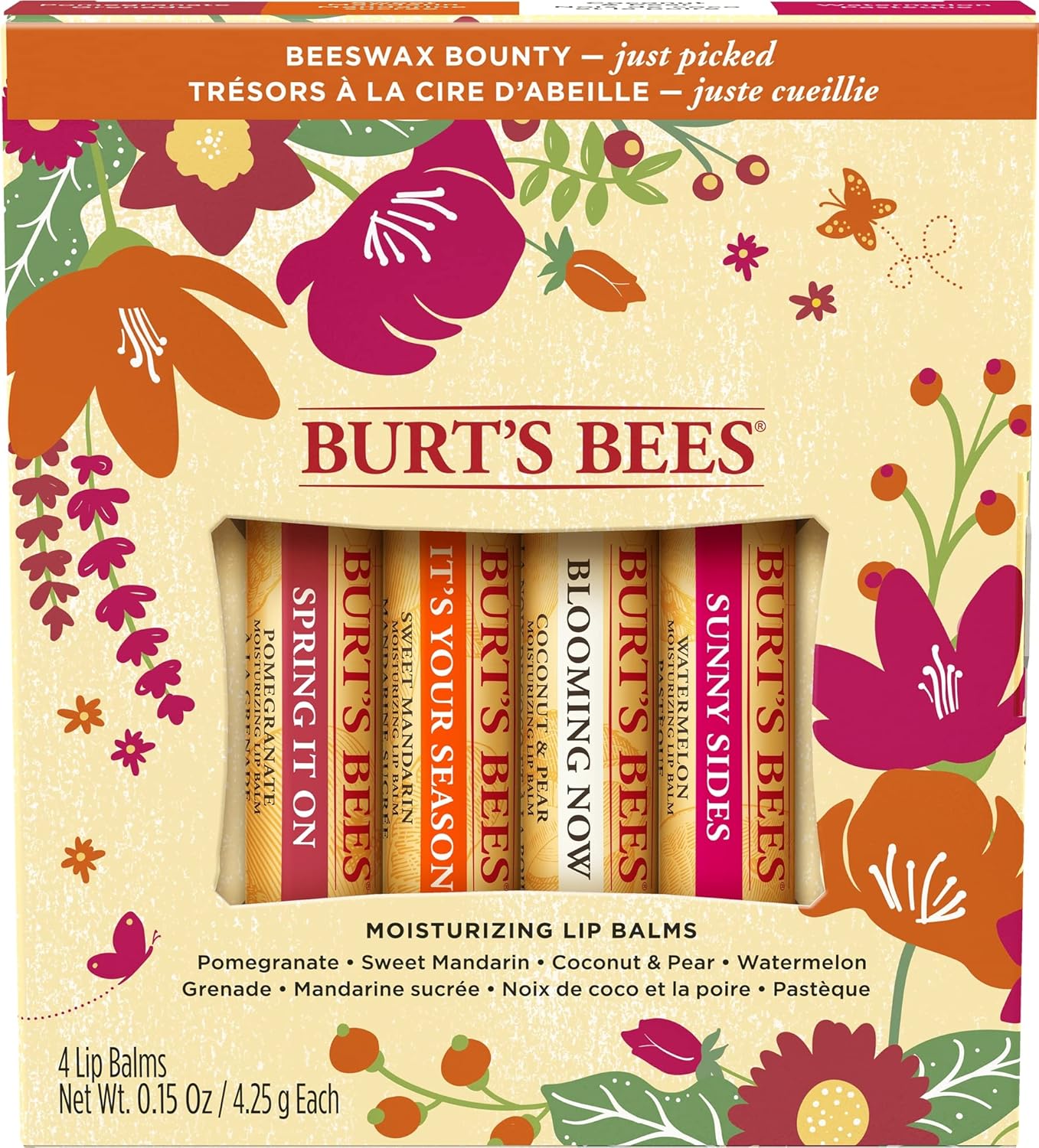 Set de regalo de bálsamos labiales Just Picked Burt's Bees®, 4 bálsamos labiales, Granada, Mandarina dulce, Coco y pera y Sandía