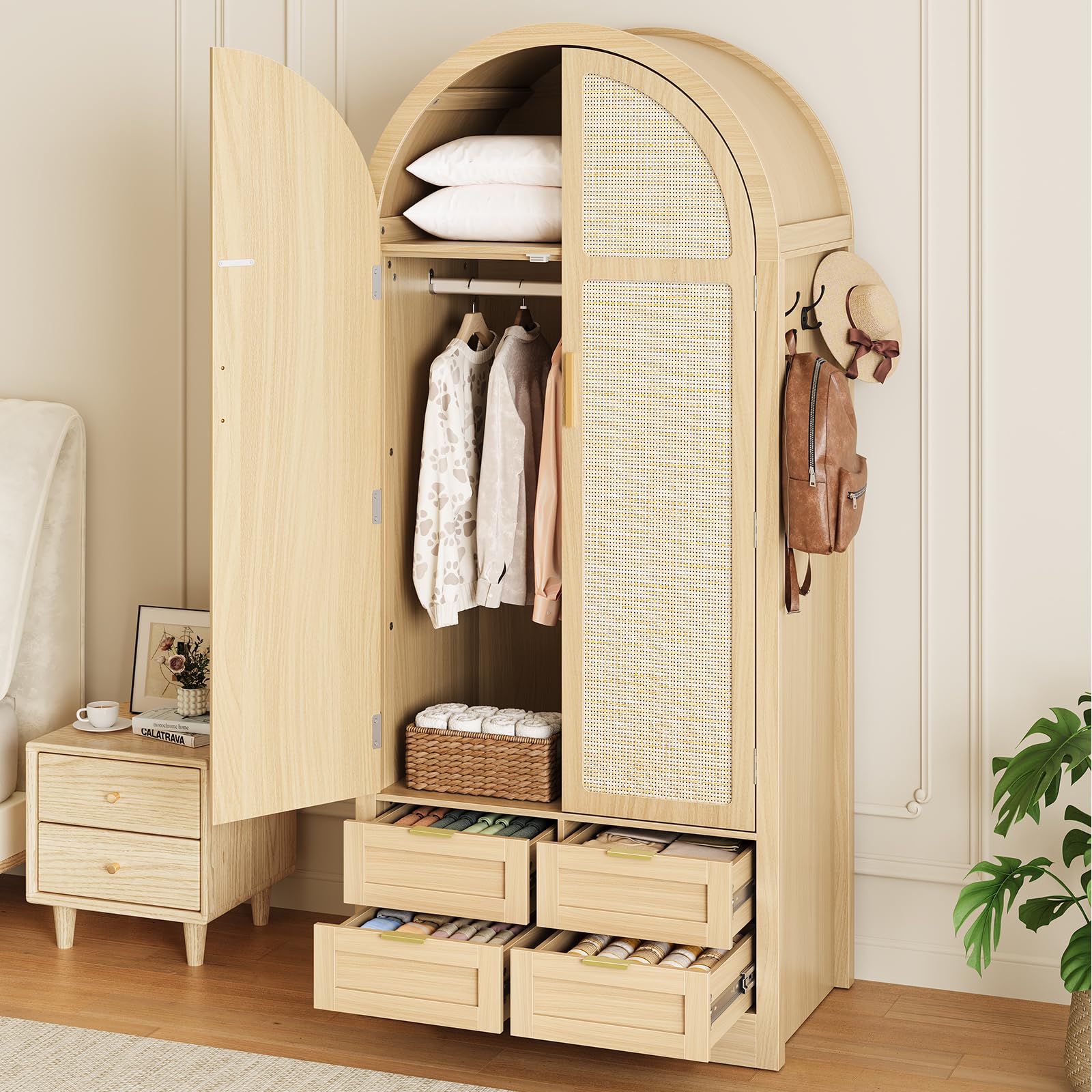 Rattan Door Wardrobe Armoire with Four Drawers