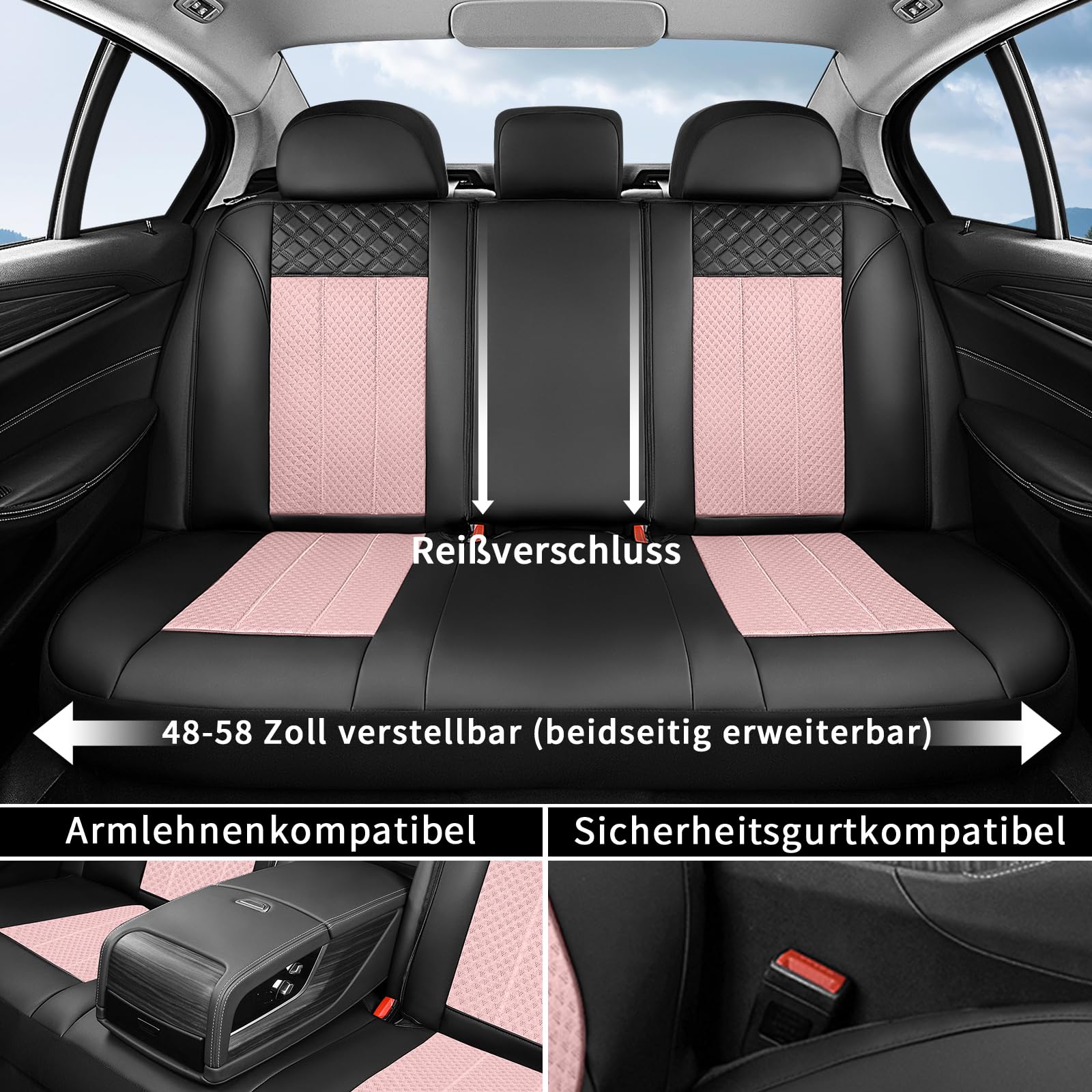 FLORICH Juego Completo Asientos de Coche, Fundas de Cuero Sintético con Malla Transpirable, Fundas Universales aptas para la Mayoría de Turismos, SUV y Camiones (Juego Completo, Negro&Rosa)