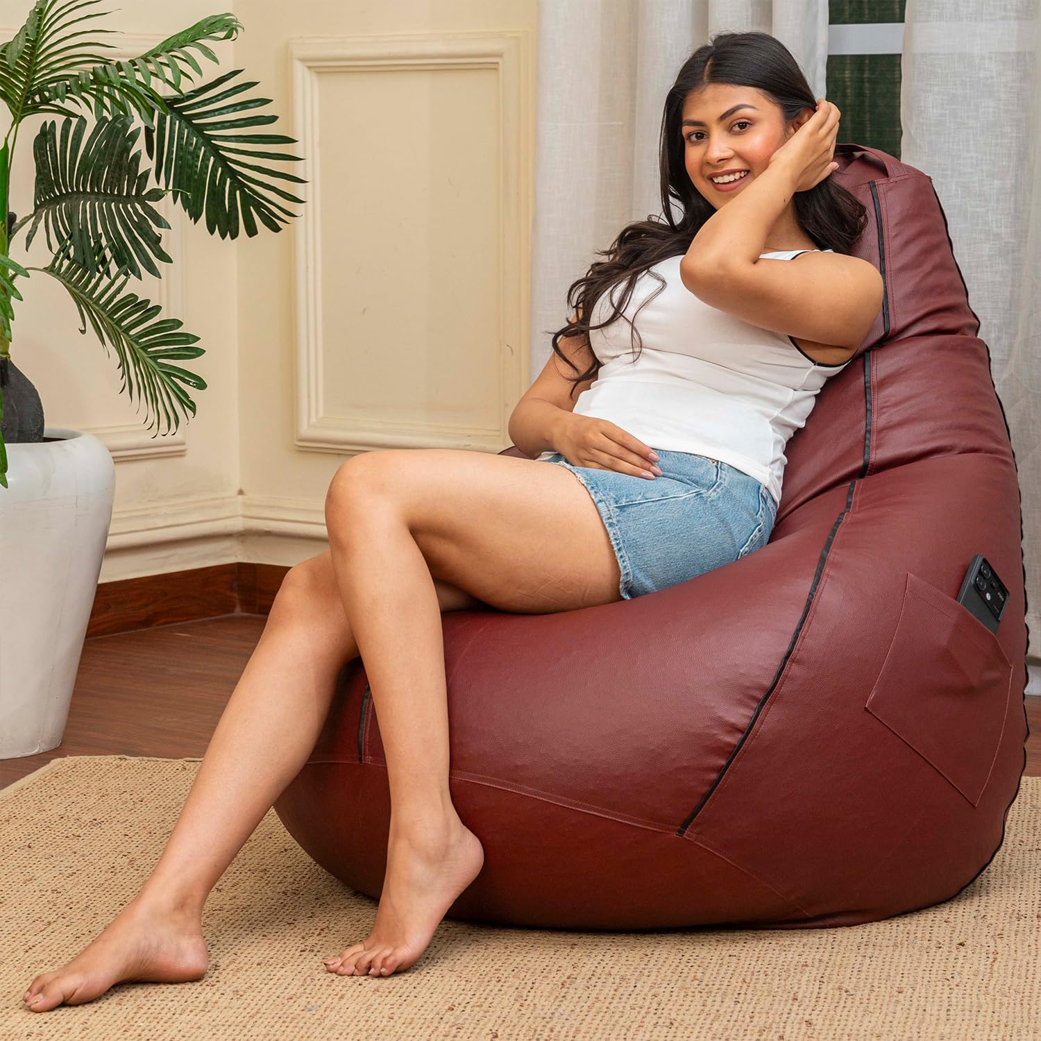 Sattva Classic 2XL Bean Bag Chair with Beans Filled | Faux Leather Sofa Style Bin Bags with Beans Filling| Comfortable Seating for Adults & Teens, Home & Office - Tan with Black Piping-picture-20