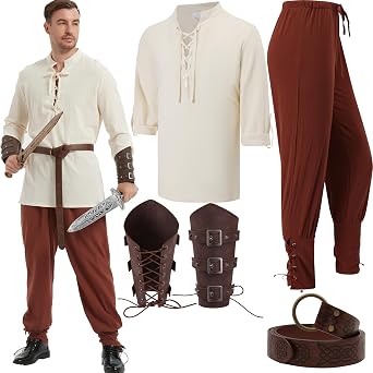 5 pcs Halloween Mens Renaissance Costume Set Viking Costume Medieval Pirate Shirt Ankle Banded Pants Belt Accessories