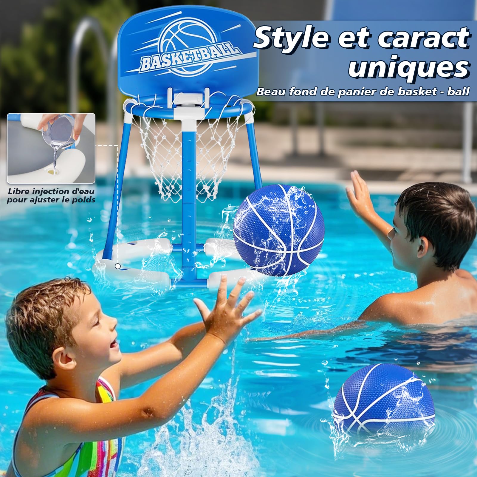 Charmofun Panier de basket-ball pour piscine, avec 2 ballons de basket et pompe à air, jeux d'eau flottants pour enfants et adultes