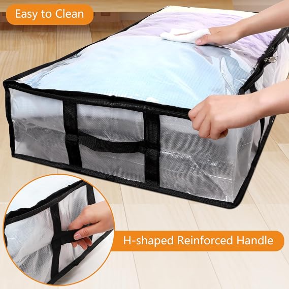 4 Pack 90L Under Bed Storage Bags Foldable UnderBed Storage Box, Clear PP | Waterproof PP Fabric, Zip Closure, Clear Top, 4 Reinforced Handles, Ideal For Quilts, Clothes and Shoes